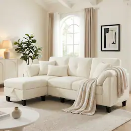 Dyonery - 79" Sectional Sofa Beige Chenille L Shaped Small Couch with Armrest Pillows,Storage Ottoman,4-Seat Couches for Bedroom - Beige