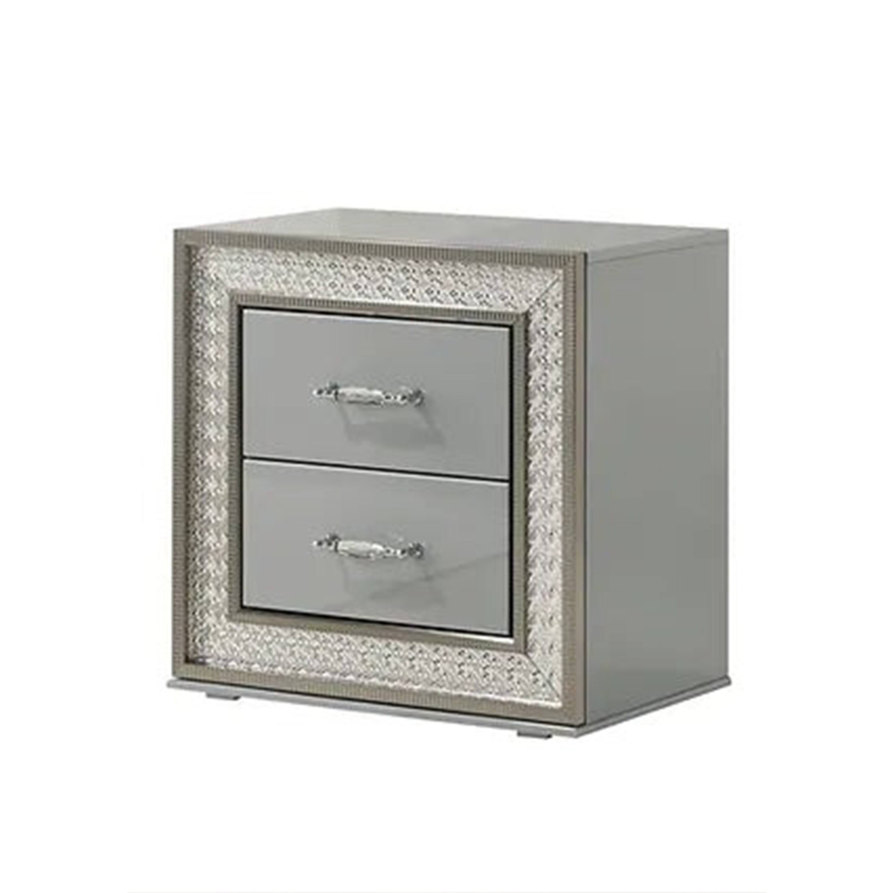 Front. Manhattan Lane - Cyl Nightstand with 2 Drawers, Scale Molding Trim - Metallic Gray, Silver.