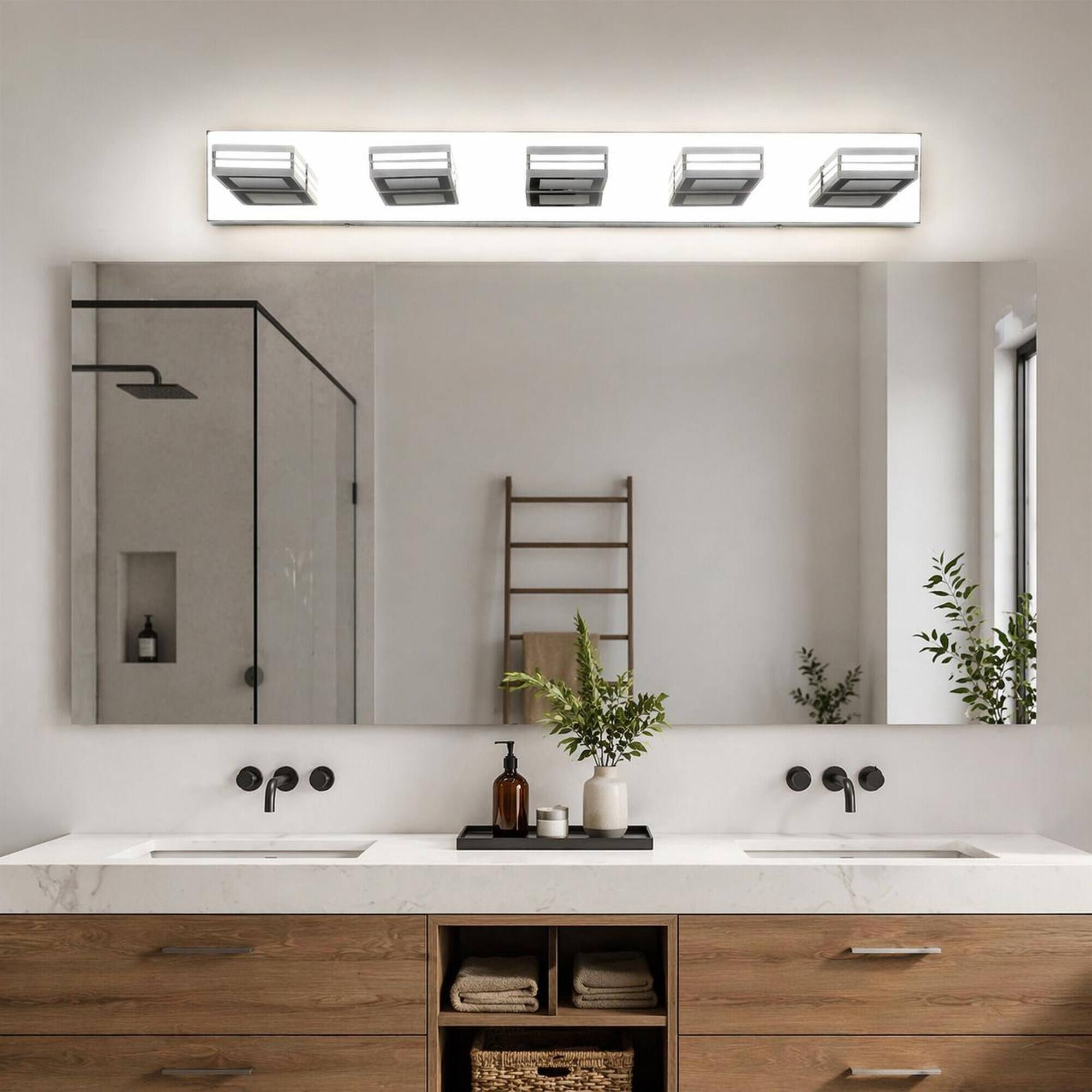 Angle. RYHNUYNE - 32" Modern Chrome 5‑Light LED Vanity Light,Square Acrylic Shade Wall Mount Bathroom Vanity Light Fixture - Chrome.