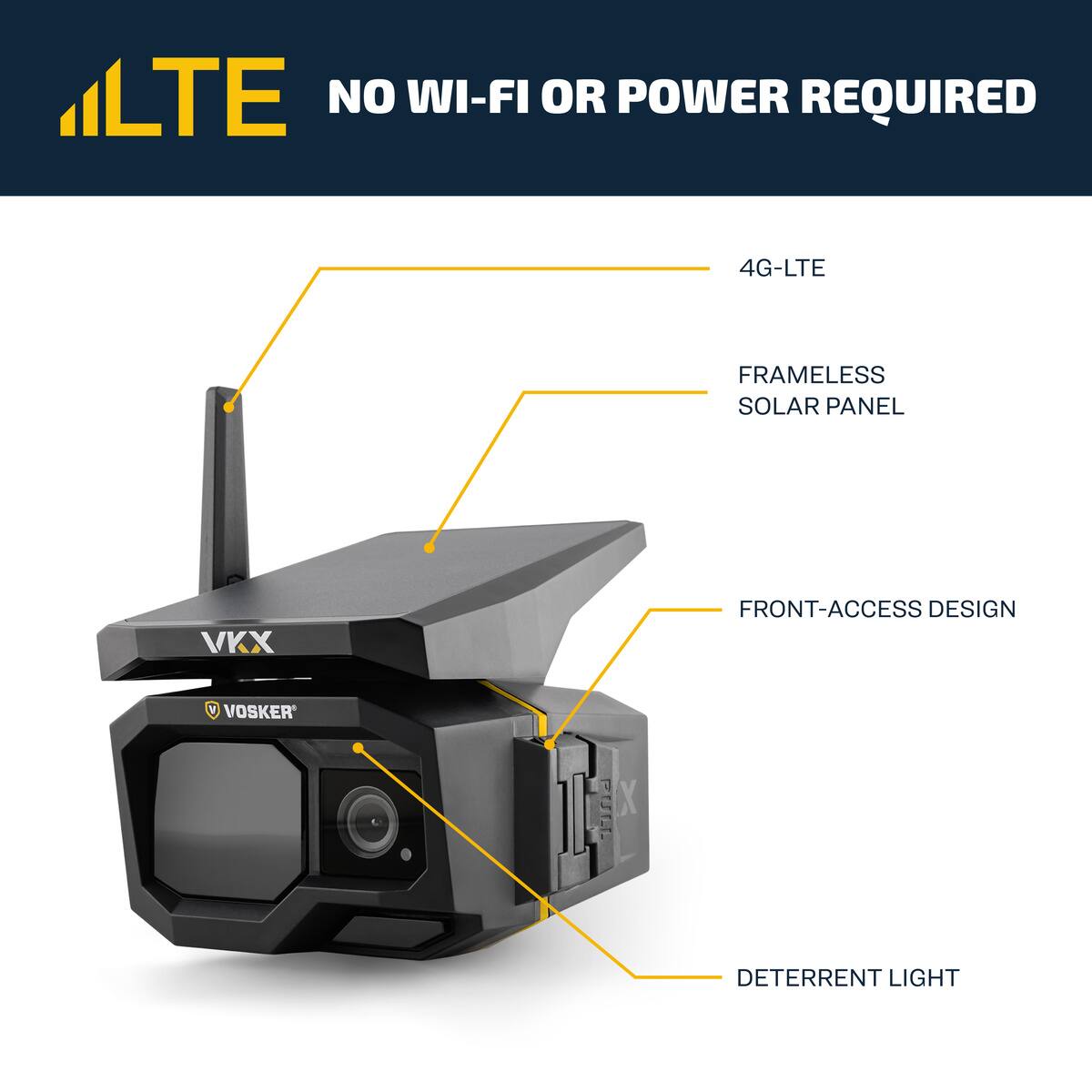 LTE  
NO WI-FI OR POWER REQUIRED  

4G-LTE  
FRAMELESS SOLAR PANEL  
FRONT-ACCESS DESIGN  
DETERRENT LIGHT  

VOSKER  
VKX
