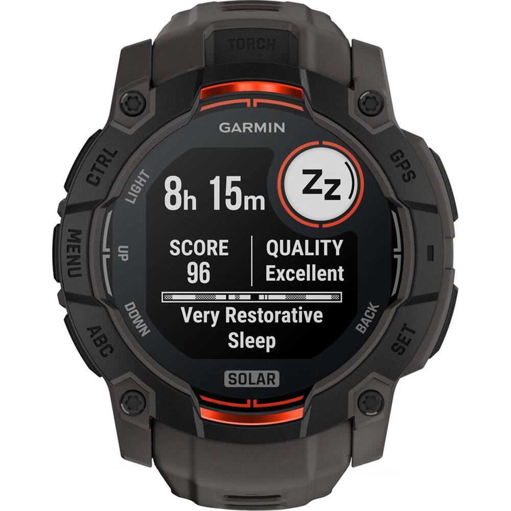 TORCH  
GARMIN  
CTRL  
LIGHT  
MENU  
UP  
DOWN  
ABC  
GPS  
BACK  
SET  
SOLAR  

8h 15m  
SCORE 96  
QUALITY Excellent  
Very Restorative Sleep