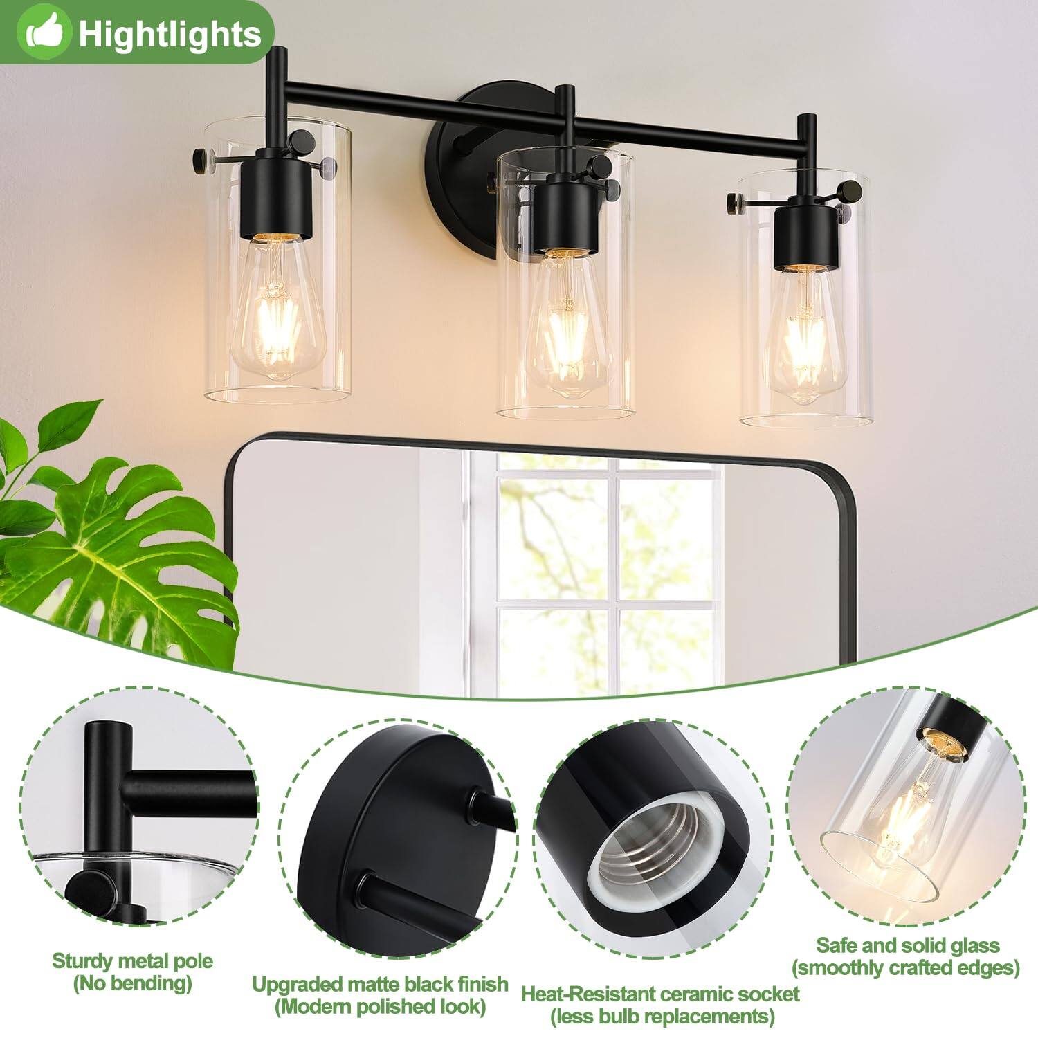 Highlights:
- Sturdy metal pole (No bending)
- Upgraded matte black finish (Modern polished look)
- Heat-Resistant ceramic socket (Less bulb replacements)
- Safe and solid glass (Smoothly crafted edges)