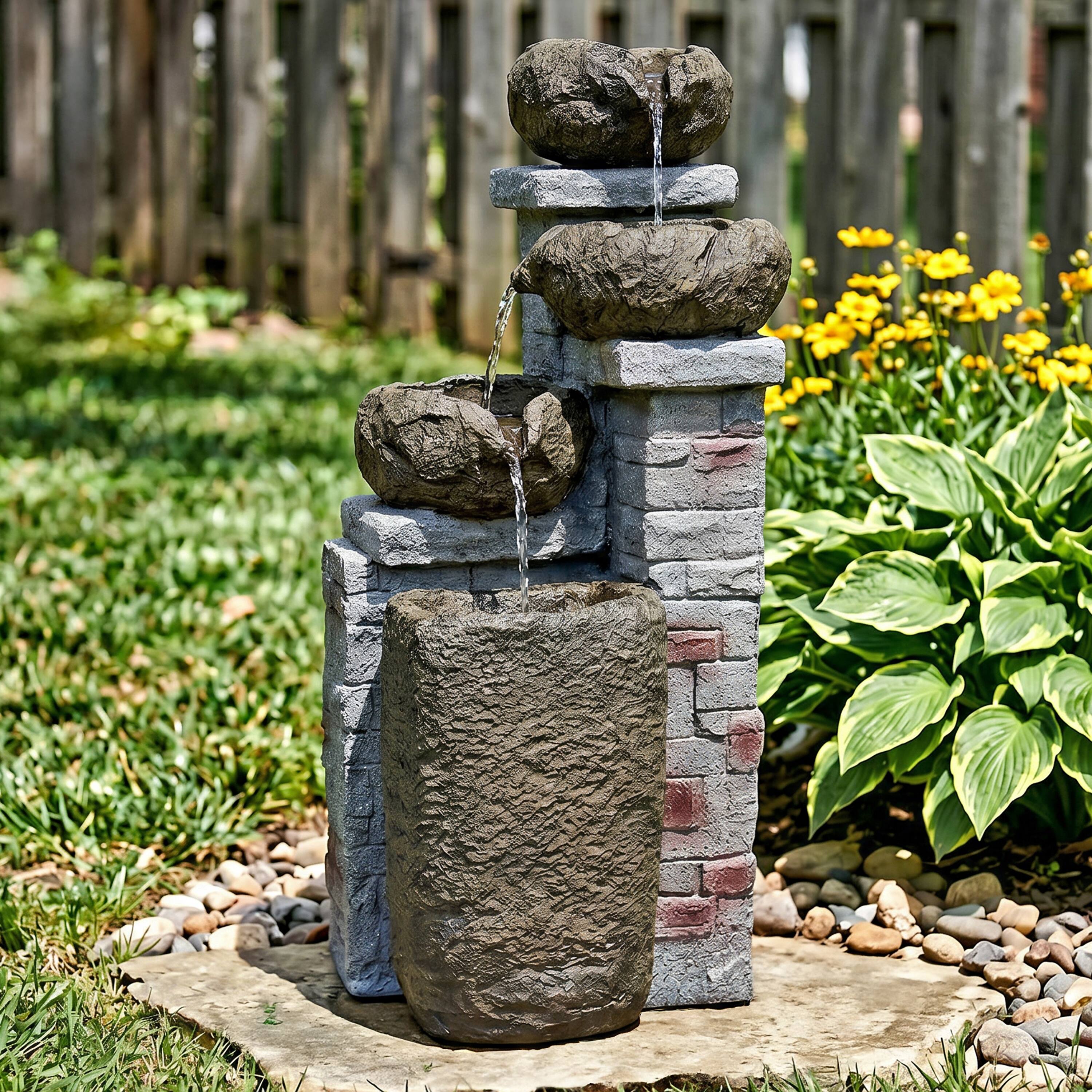 Alt View 6. Sunnydaze - Cascading Stone Bowl Solar Water Fountain with LED Lights - 27 in - Brown.