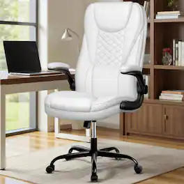 KERDOM - Ergonomic PU Leather Chair with Flip-Up Arms, Executive Manager Chair, High Back Home Office Desk Chair Computer Chair - White