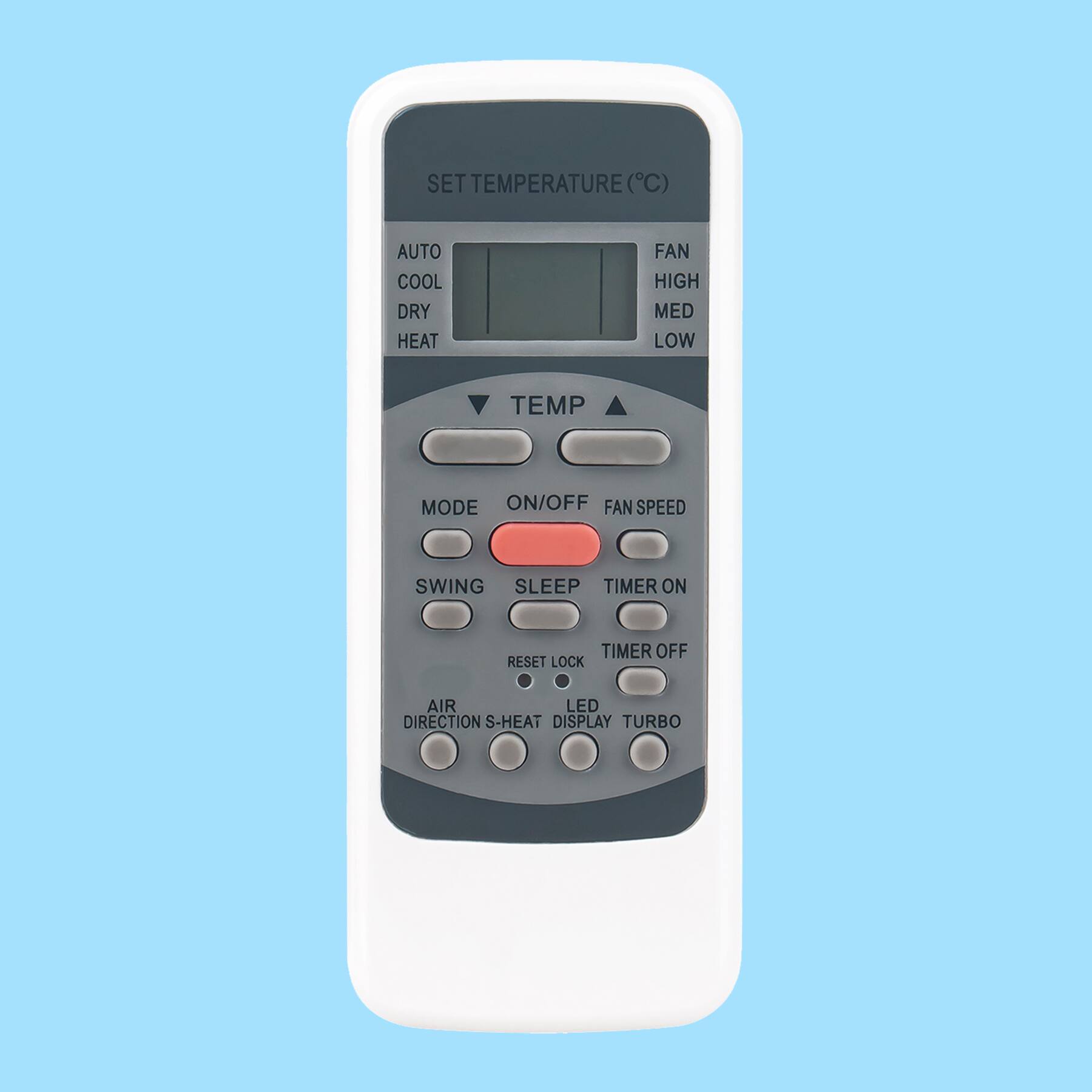 Sure, here is the corrected and grouped text from the image:

**Top Section:**
- SET TEMPERATURE (°C)
- AUTO
- COOL
- DRY
- HEAT
- FAN
- HIGH
- MED
- LOW

**Middle Section:**
- TEMP
- MODE
- ON/OFF
- FAN SPEED
- SWING
- SLEEP
- TIMER ON
- TIMER OFF
- RESET
- LOCK
- LED DISPLAY
- TURBO

**Bottom Section:**
- AIR DIRECTION
- S-HEAT