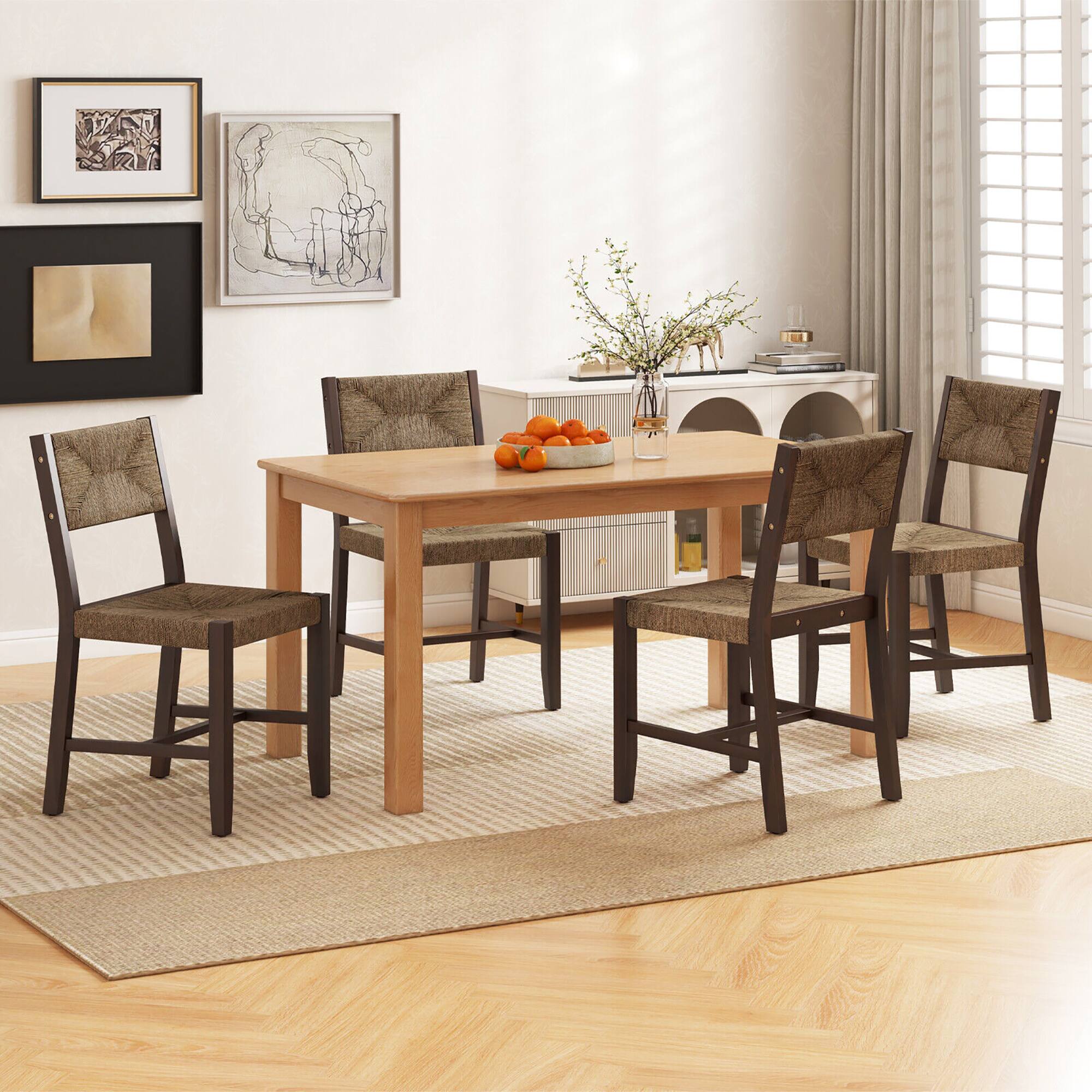 Alt View 1. Gymax - Gymax Wooden Dining Chair Set of 4 w/ Natural Weave Seagrass Rattan Backrest & Seat - Natural, Brown.