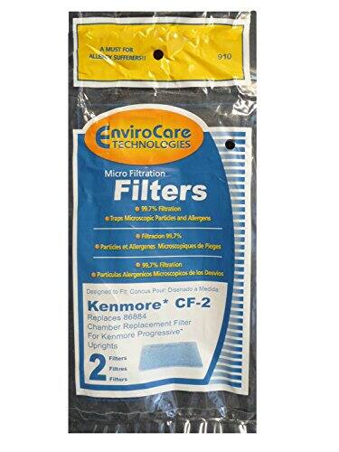 A MUST FOR ALLERGY SUFFERERS!

EnviroCare TECHNOLOGIES Micro Filtration Filters

- 99.7% Filtration
- Traps Microscopic Particles and Allergens
- Filtration 99.7%
- Particules et Allergenes Microscopiques de Pieges
- Particulas Alergenicos Microscopicos de los Desvios

Designed to Fit Concus Pour Disenado a Medida

Kenmore* CF-2
Replaces 86884 Replacement Filter Chamber For Kenmore Progressive Uprights

2 Filters