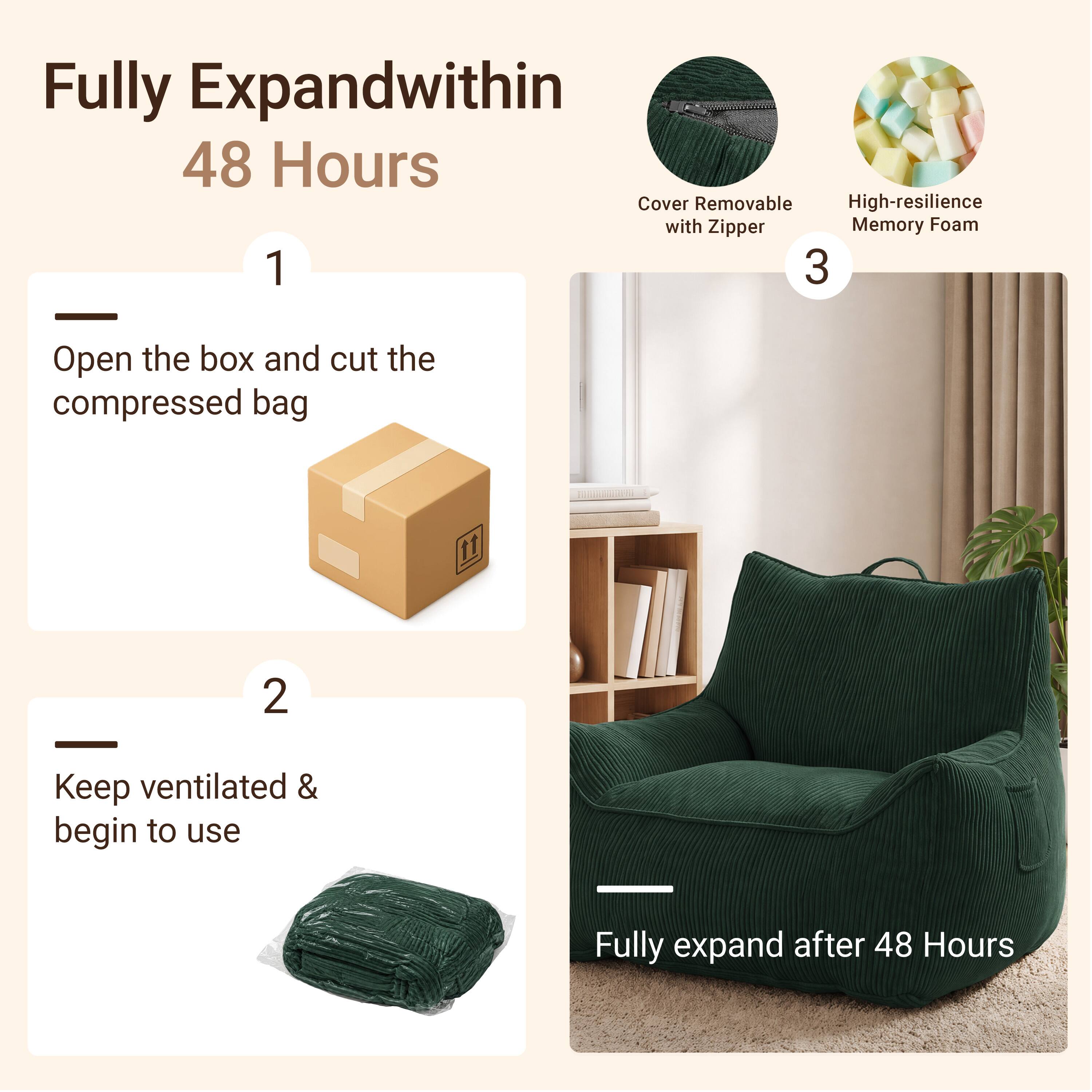 Fully Expand within 48 Hours

1. Open the box and cut the compressed bag

2. Keep ventilated & begin to use

3. Fully expand after 48 Hours

Cover Removable with Zipper

High-resilience Memory Foam