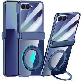 Dteck - For Samsung Galaxy Z Flip8 Clear Rugged Case Built-in Screen Protector,360° Ring Kickstand Hinge Protection Cover - Darkblue