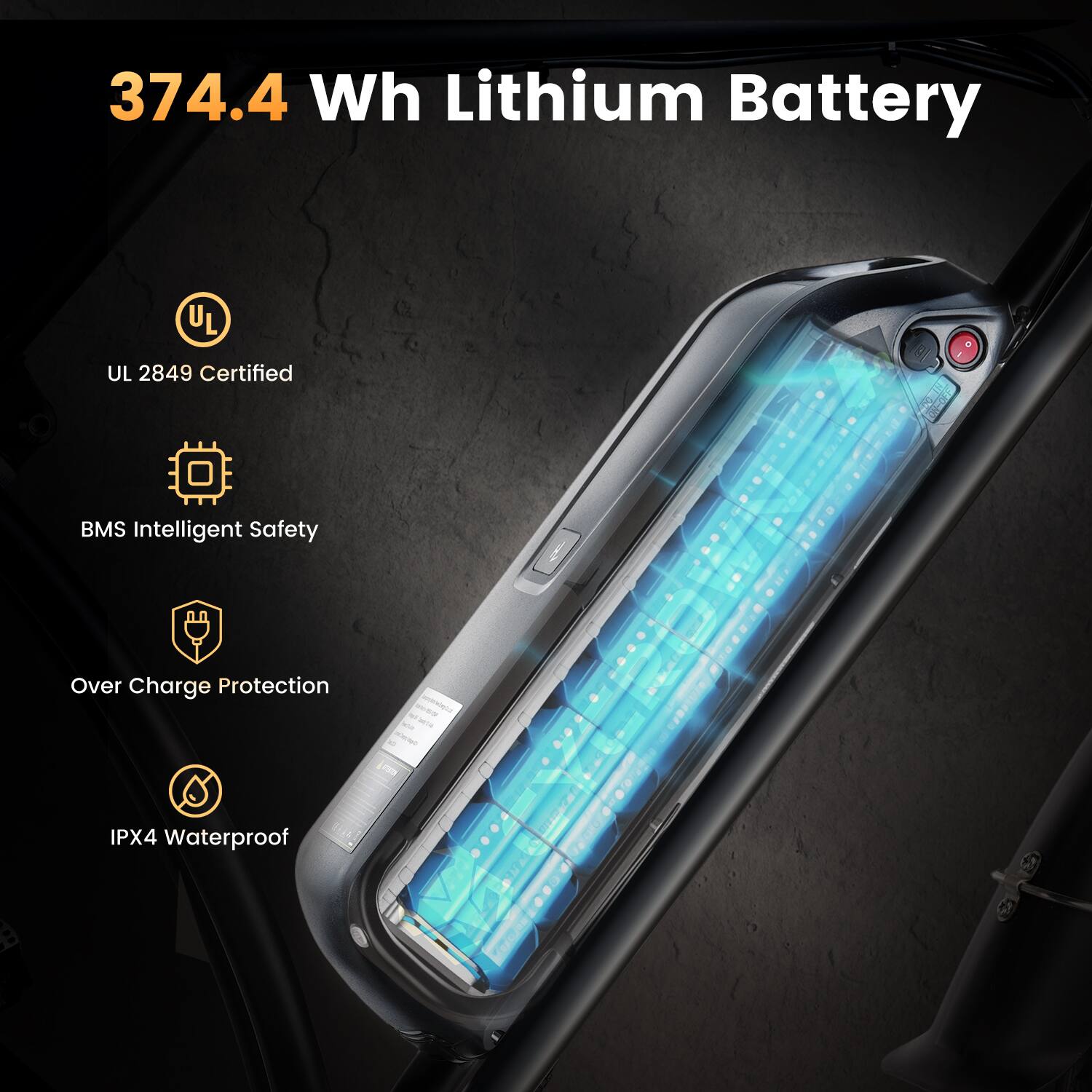 374.4 Wh Lithium Battery

UL 2849 Certified

BMS Intelligent Safety

Over Charge Protection

IPX4 Waterproof