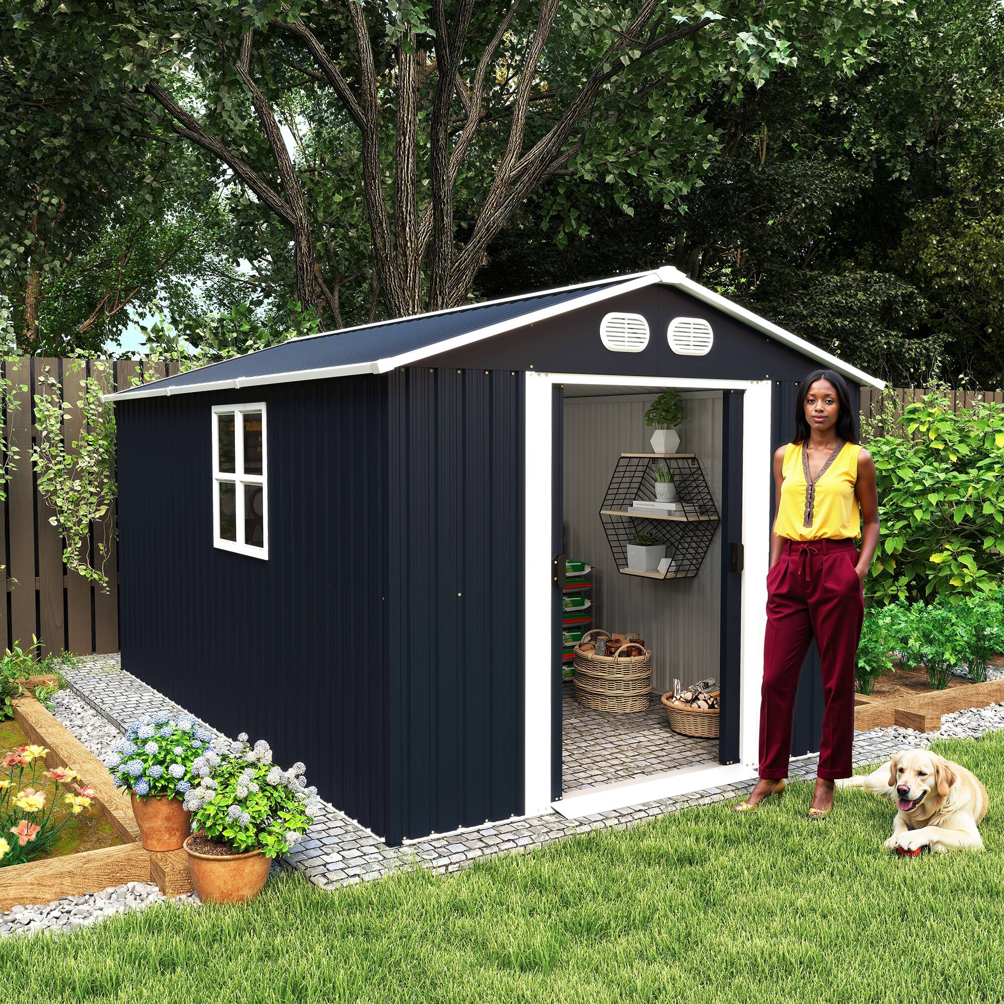 Front. Anysun - 8x12ft Metal Storage Shed with Lockable Door & Ventilation, Heavy-Duty Outdoor Garden Tool Shed for Backyard or Lawn - Dark Gray.