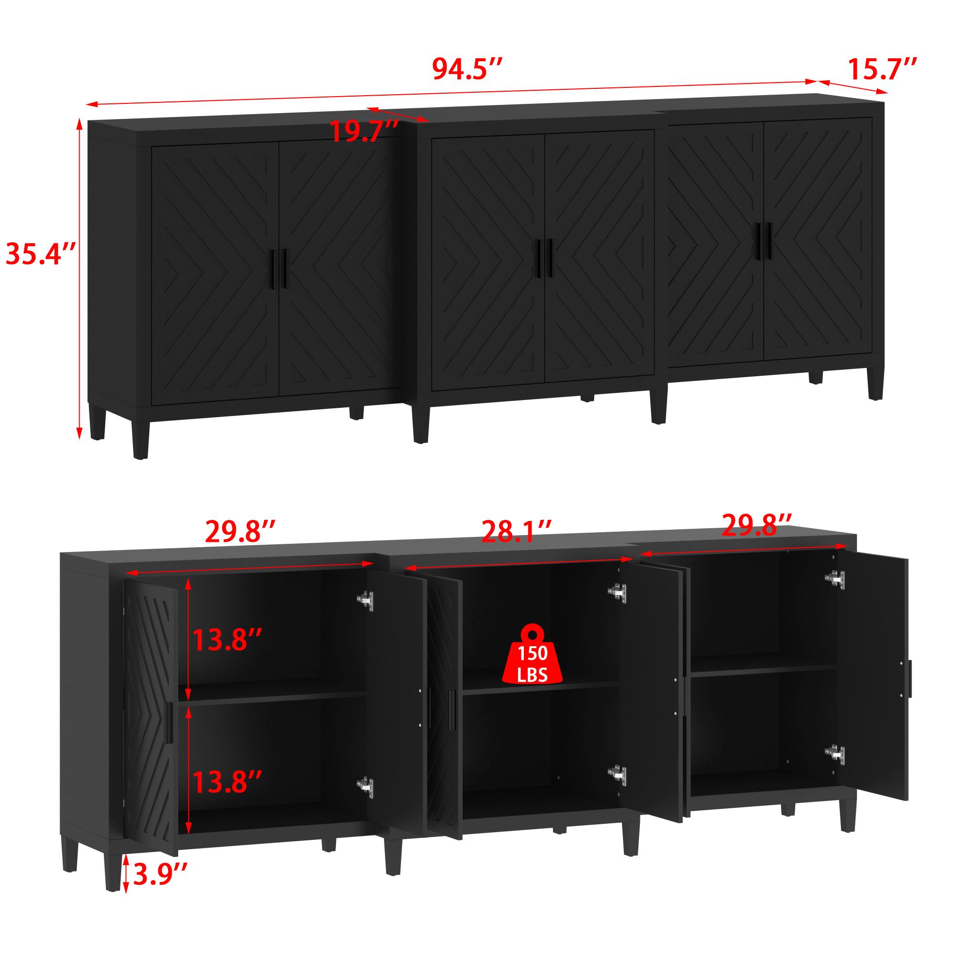 94.5", 15.7", 19.7", 35.4", 29.8", 28.1", 13.8", 13.8", 150 LBS, 3.9"