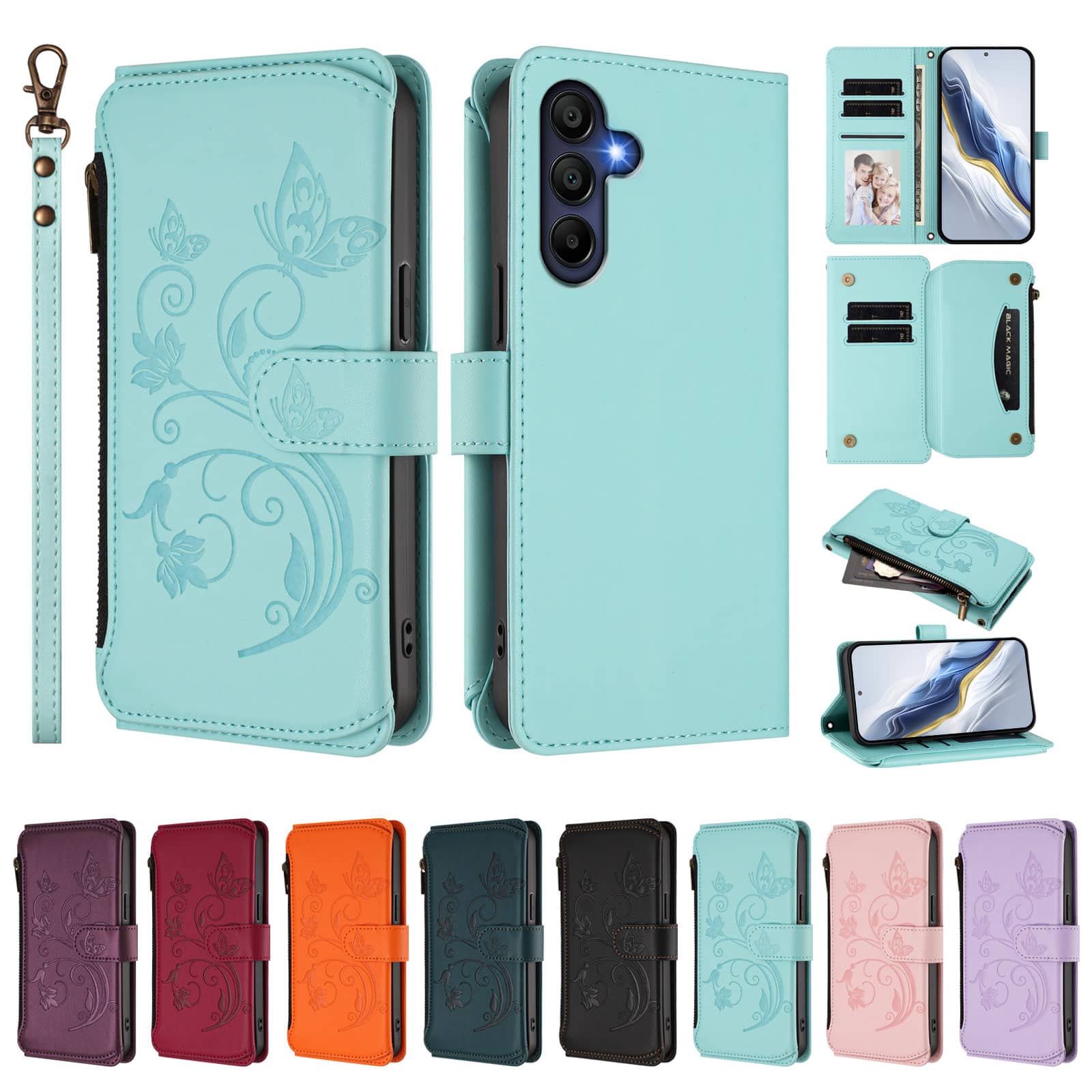 Dteck - Crossbody Wallet Case for Samsung Galaxy A16 5G,Embossed Butterfly Flower Folio Cover with Zipper Pocket+Strap - Green price history on PriceWatchPro