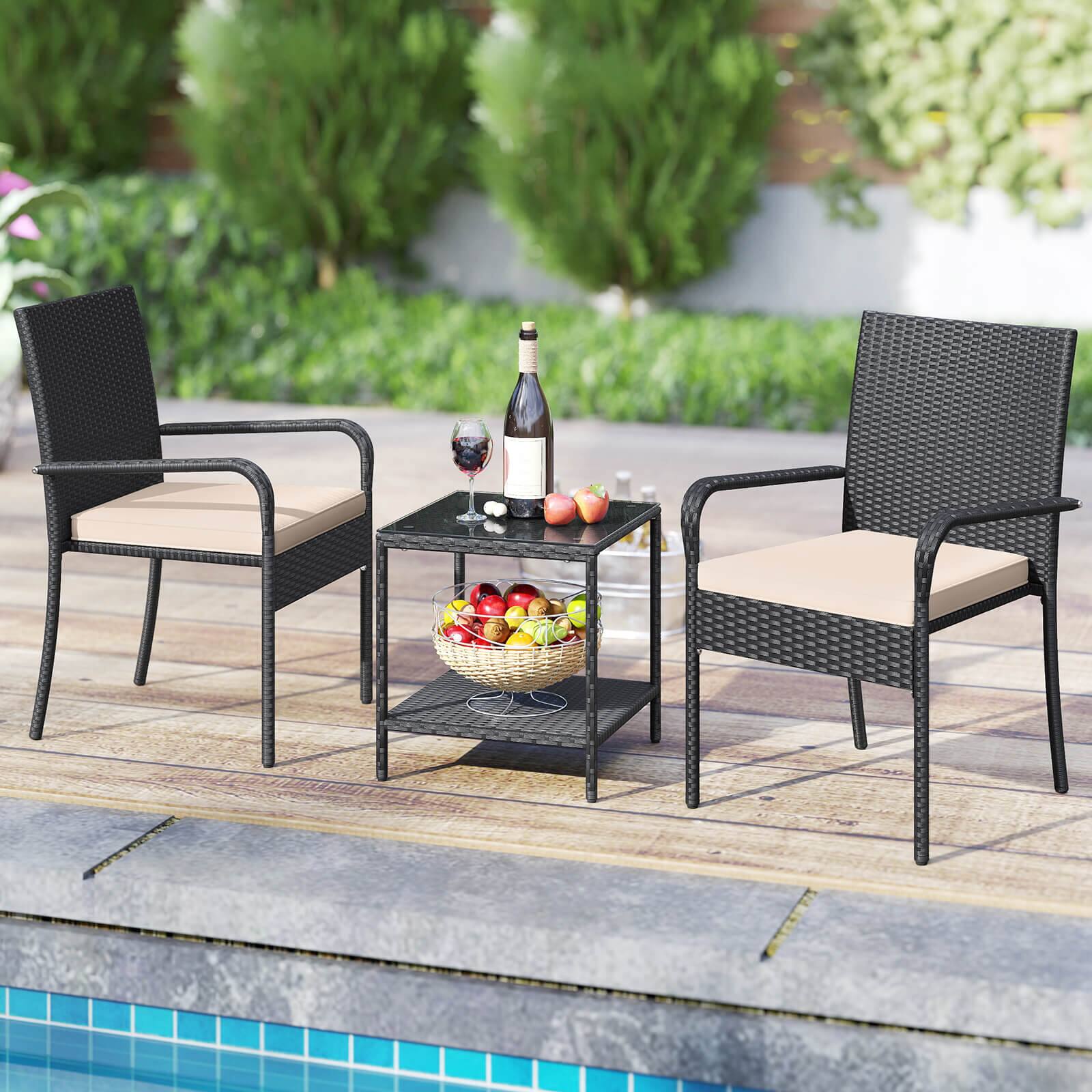 Alt View 3. Costway - Costway 3 PCS Patio Furniture Set with 2-Tier Table Tempered Glass Tabletop & Soft Cushions - Brown.