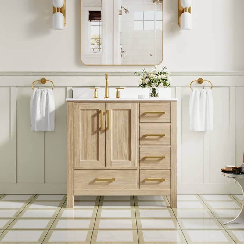 WELLFOR - 36 in Bathroom Vanity with Sink, Freestanding Solid Wood Bathroom Cabinet with 2 Soft-Close Doors& 5 Soft-Close Drawers - Oak price history on PriceWatchPro