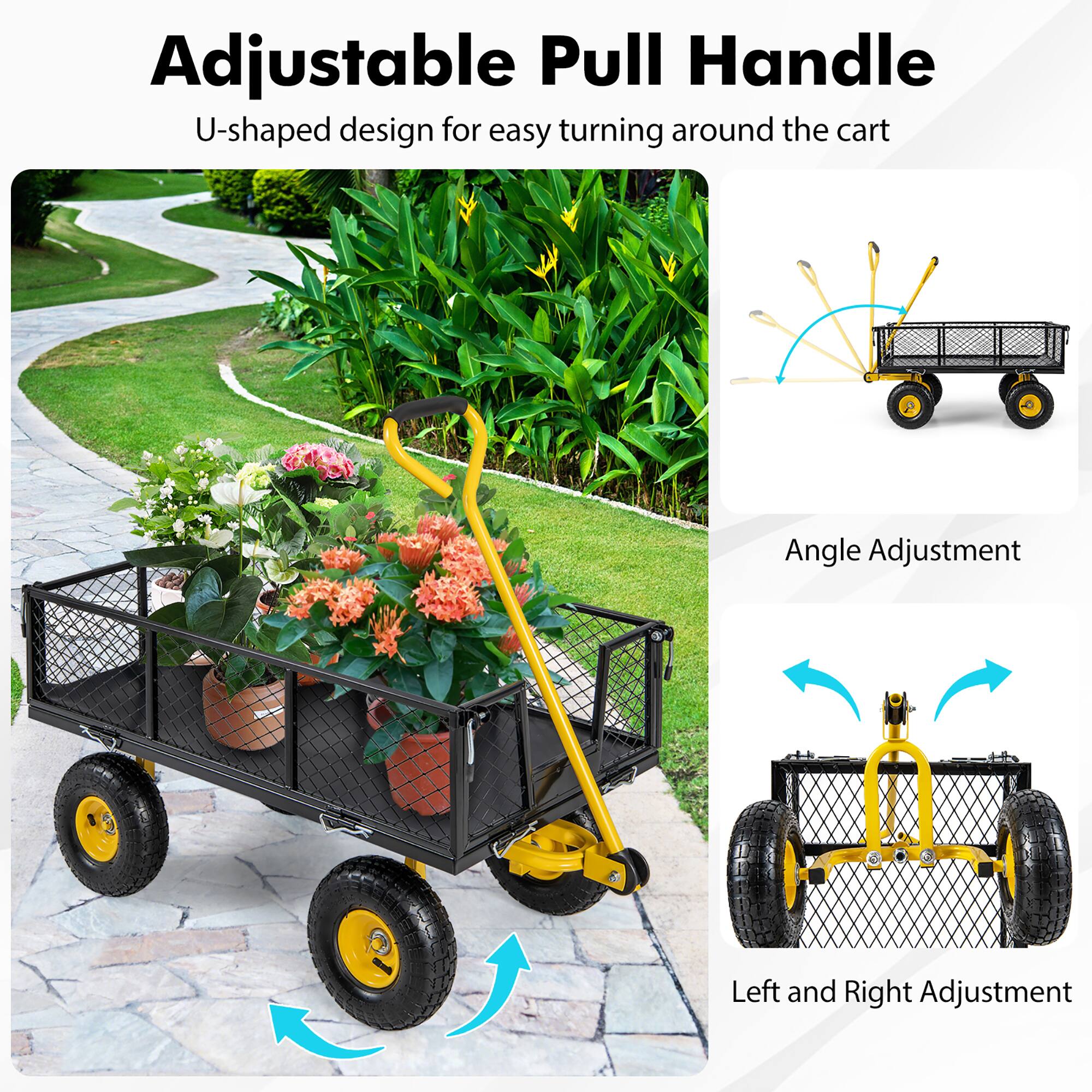 Adjustable Pull Handle  
U-shaped design for easy turning around the cart  

Angle Adjustment  
Left and Right Adjustment