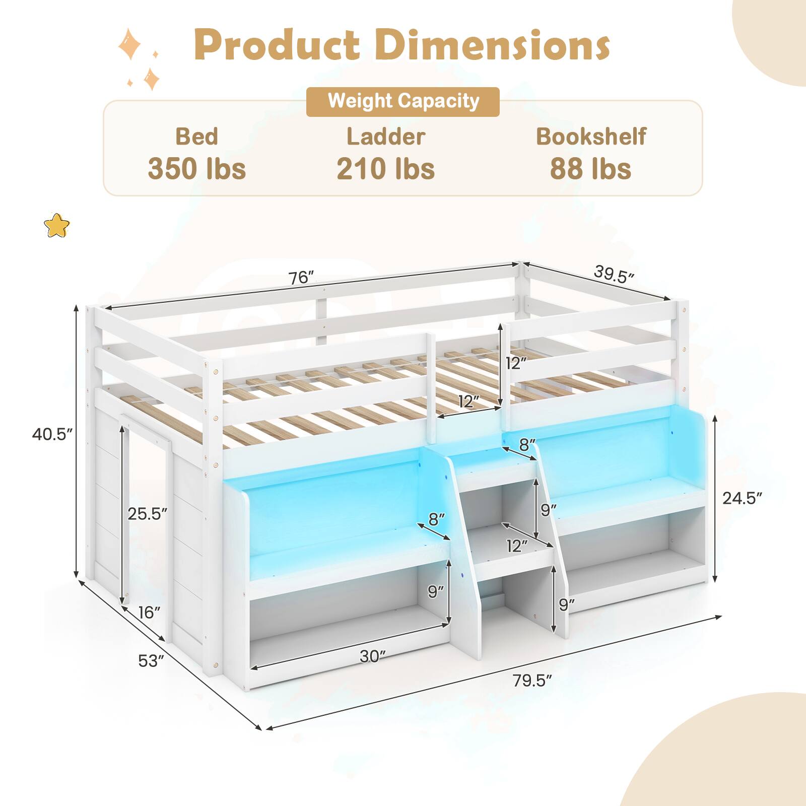 Product Dimensions

Weight Capacity
- Bed: 350 lbs
- Ladder: 210 lbs
- Bookshelf: 88 lbs

Dimensions
- Bed: 76" x 39.5" x 40.5"
- Ladder: 12" x 12" x 24.5"
- Bookshelf: 25.5" x 30" x 79.5"
- Overall: 53" x 16" x 76"