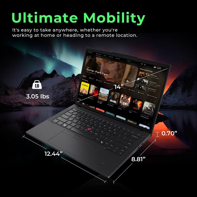 Ultimate Mobility  
It's easy to take anywhere, whether you're working at home or heading to a remote location.  

3.05 lbs  
12.44"  
0.70"  
8.81"  
14"  

LB  
ThinkPad