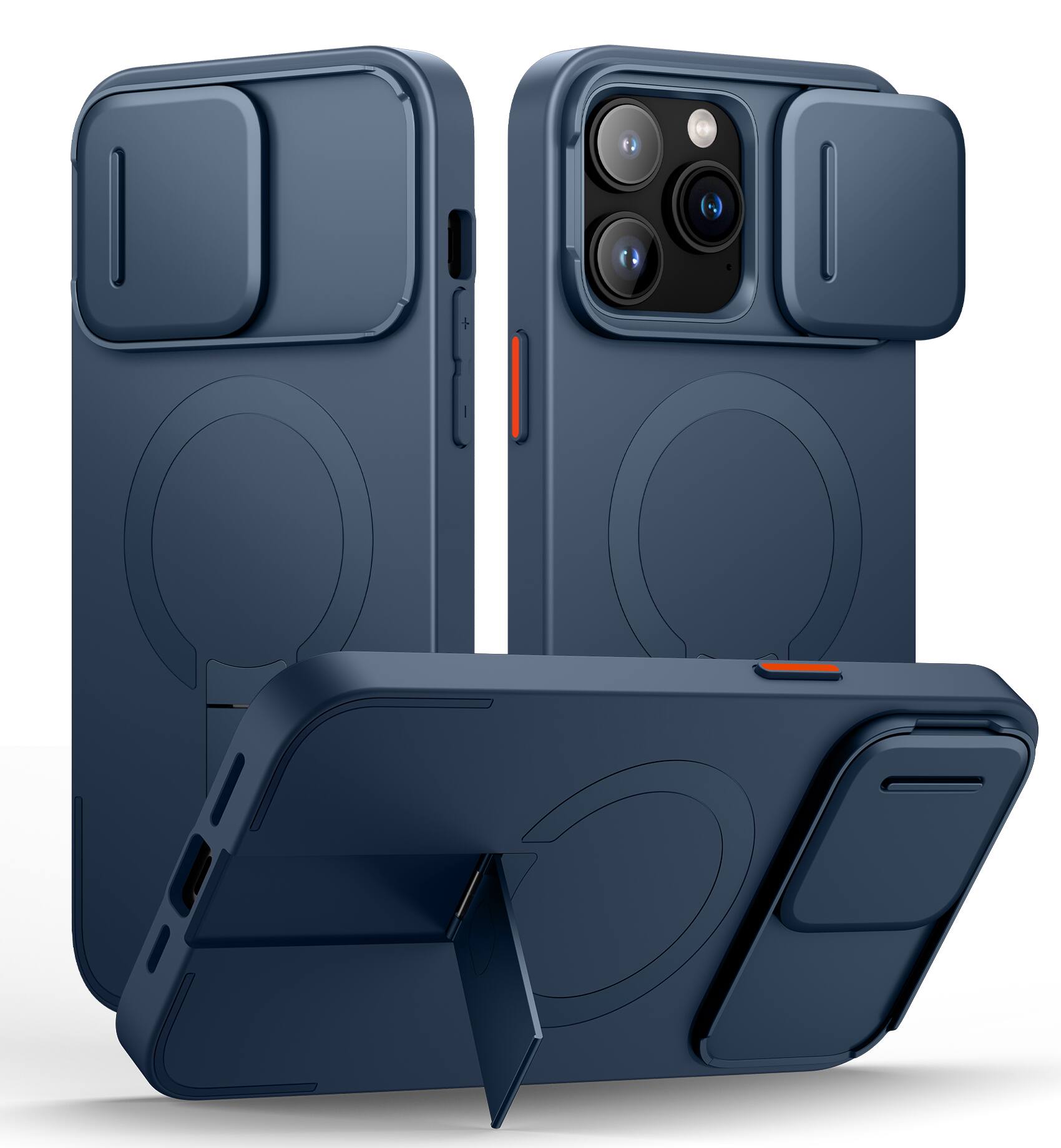 Angle. SURITCH - Bumper Case for iPhone 14 Pro Max with Camera Cover, Kickstand,Compatible with MagSafe, Shockproof Slim Protective Cover - Deep Blue.