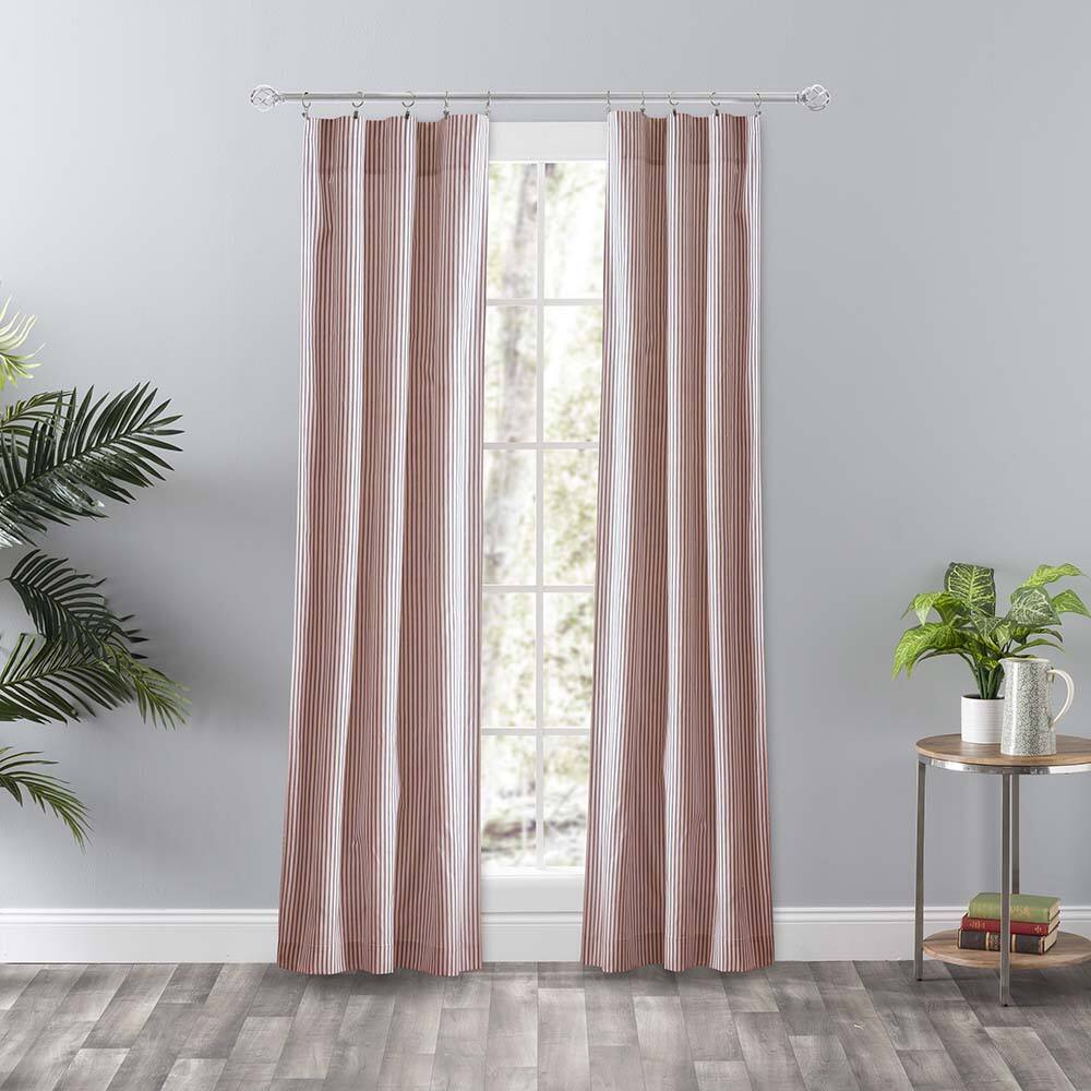 Angle. Ellis Curtain - Ellis Curtain Plaza Classic Ticking Stripe Printed on Natural Ground Tailored Panel Pair with Tiebacks 56" x 84" Brick - Brick.