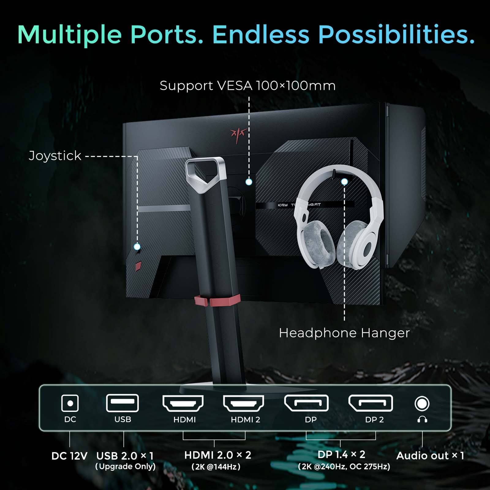 Multiple Ports. Endless Possibilities.  
Support VESA 100x100mm  
Joystick  
LGRT Headphone Hanger  
DC 12V USB HDMI HDMI 2 DP DP 2 Audio out x1  

DC 12V (Upgrade Only)  
USB 2.0 x 1  
HDMI 2.0 x 2 (2K @144Hz)  
DP 1.4 x 2 (2K @240Hz, OC 275Hz)