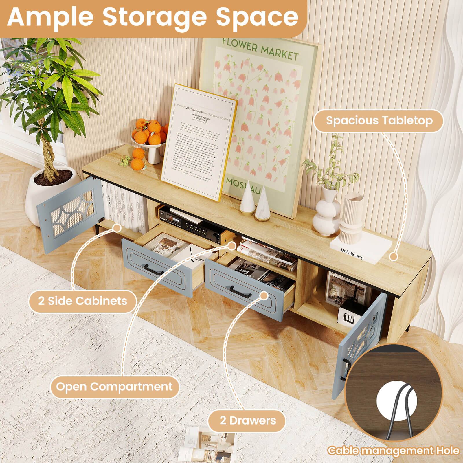 Ample Storage Space

- Spacious Tabletop
- 2 Side Cabinets
- Open Compartment
- 2 Drawers
- Cable management Hole