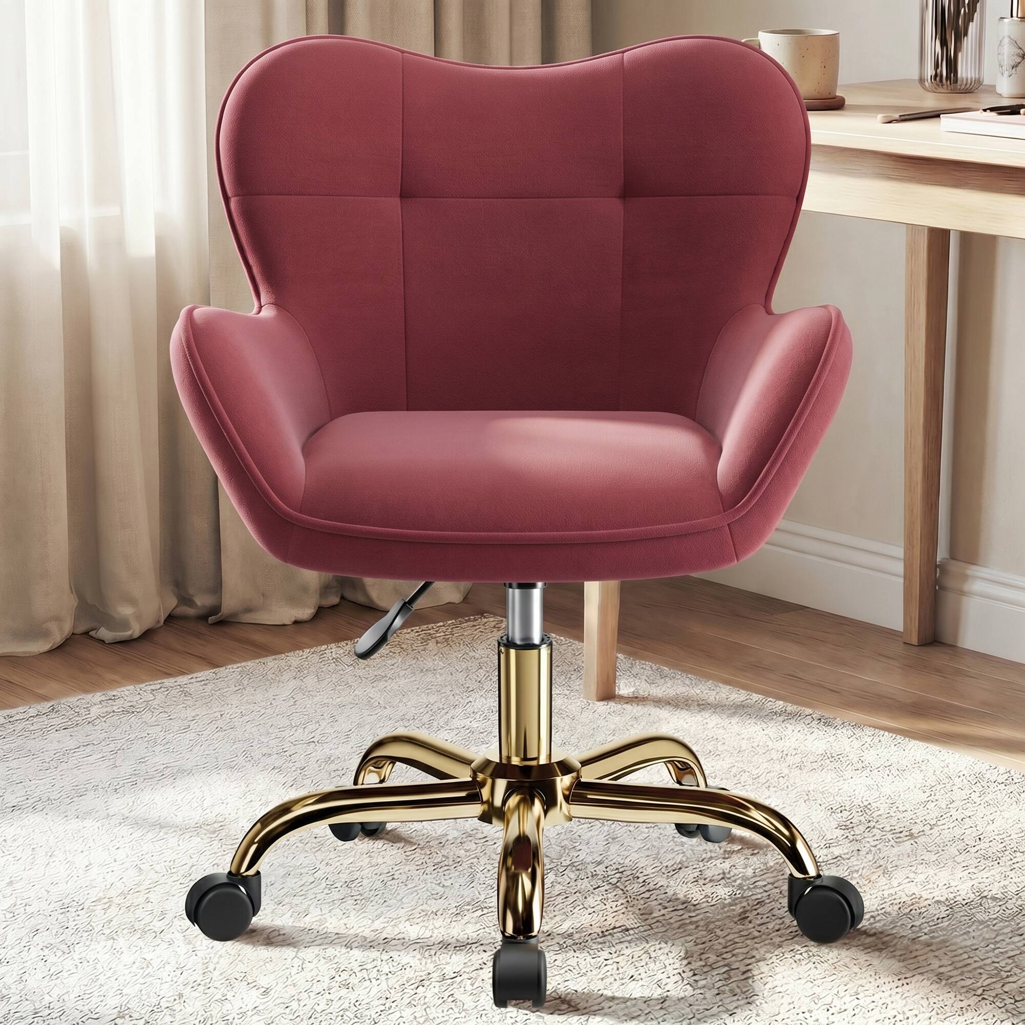 Alt View 4. KERDOM - Flower Vanity Chair with Back & Wheels, Swivel Dresser Chair Home Office Desk Chair for Girls, Fleece Cute Makeup Chair - Rose.