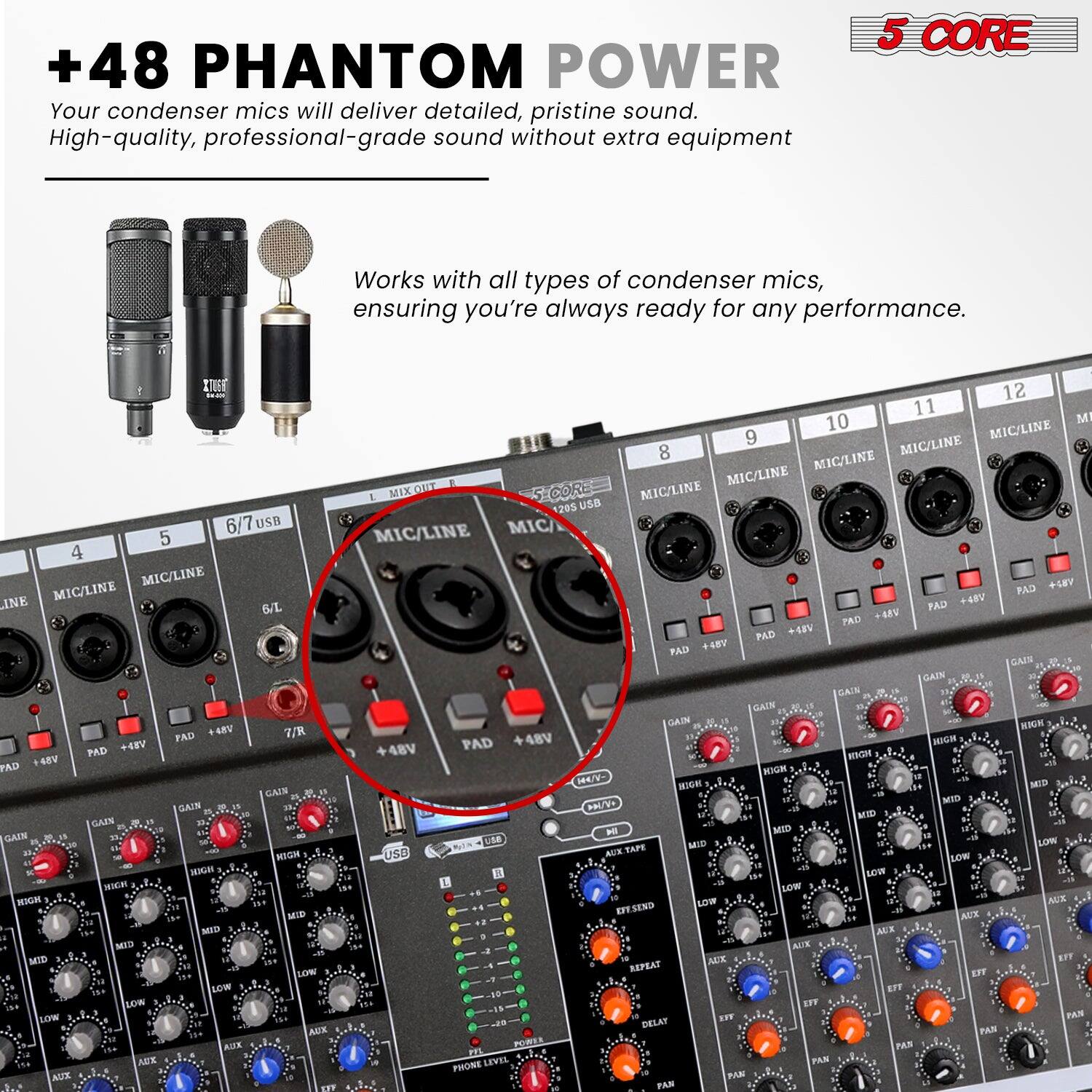+48 PHANTOM POWER  
Your condenser mics will deliver detailed, pristine sound.  
High-quality, professional-grade sound without extra equipment  

Works with all types of condenser mics, ensuring you're always ready for any performance.  

5 CORE