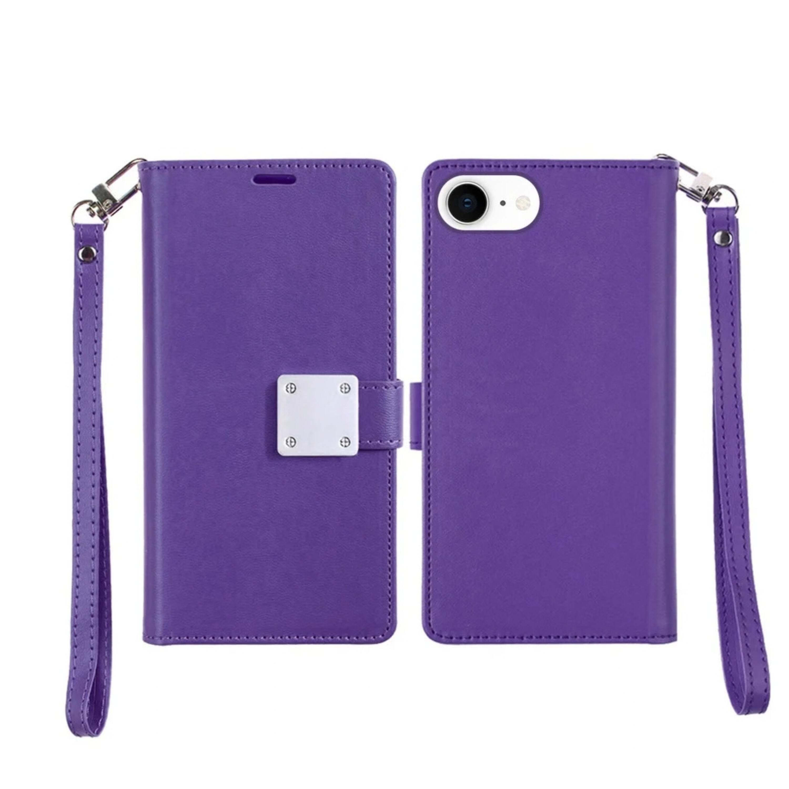 Angle. Kitcheniva - Leather Wallet ID Card Holder Phone Case With Tempered Glass For iPhone 16e 17e Dark Purple - Dark Purple.