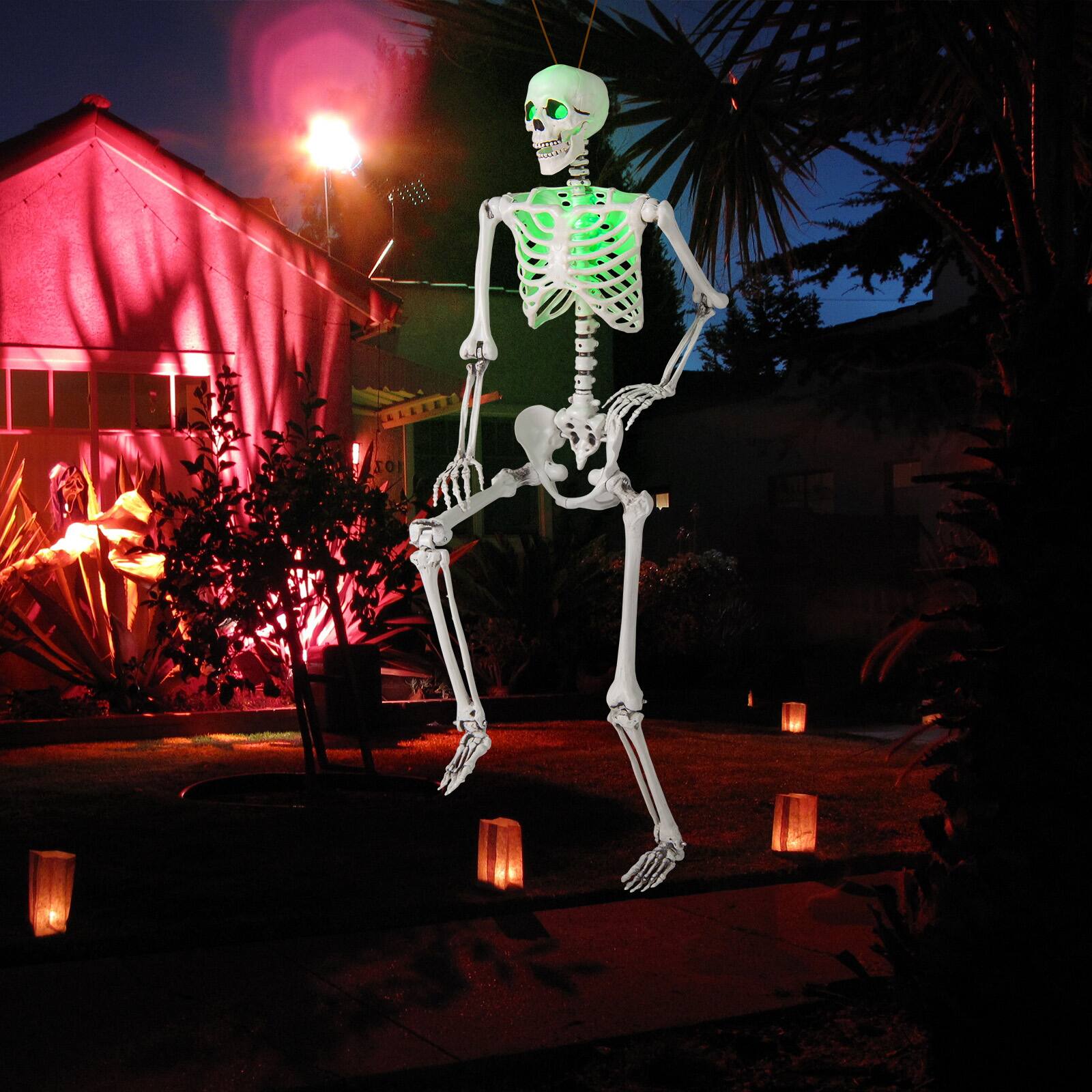 Alt View 4. Costway - Costway 5.5FT Poseable Halloween Skeleton Life-Size Decoration with Built-in Lights - White,Green.