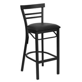Emma + Oliver - Two-Slat Ladder Back Metal Restaurant Dining Barstool - Black Vinyl Seat/Black Metal Frame