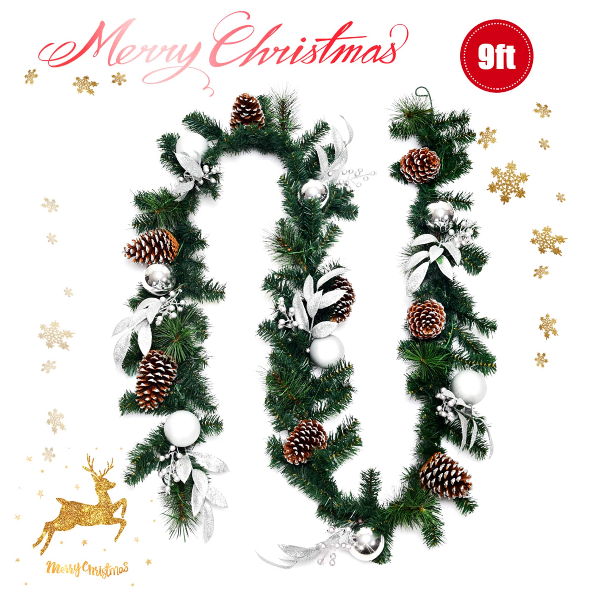 Gymax - 9FT Pre-lit Christmas Decoration Garland Rattan w/ 50 LED Lights Timer - Green