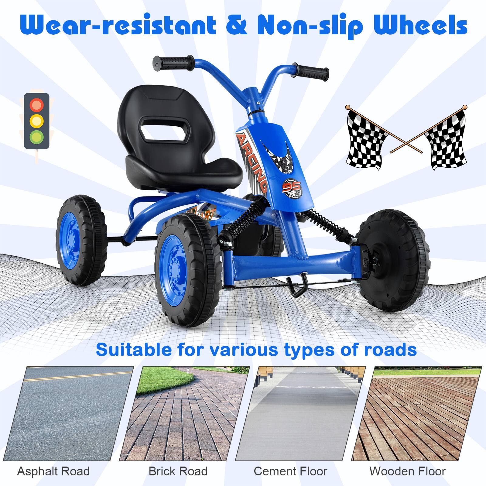 Wear-resistant & Non-slip Wheels

Suitable for various types of roads

- Asphalt Road
- Brick Road
- Cement Floor
- Wooden Floor