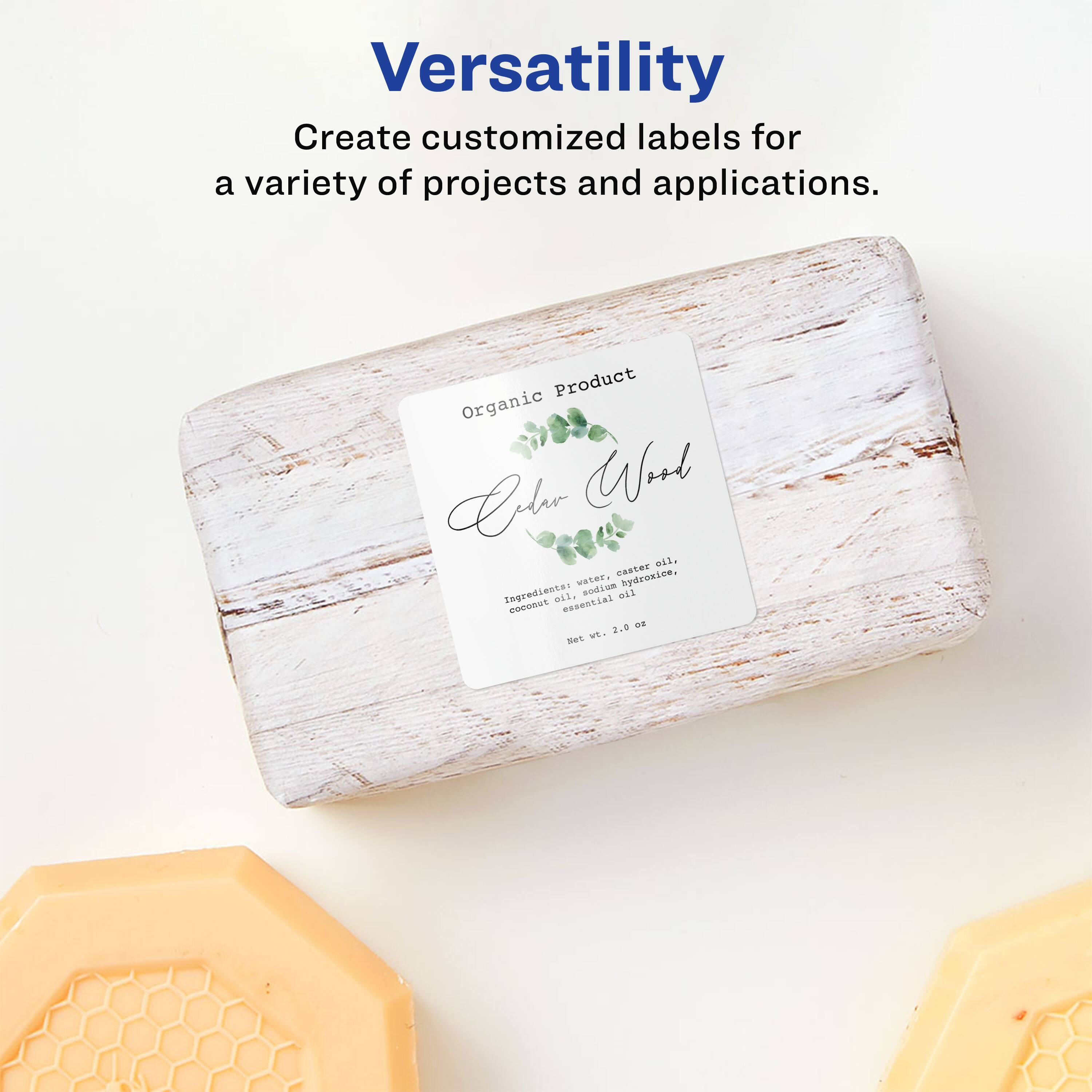 Versatility  
Create customized labels for a variety of projects and applications.  

Product  
Organic  
Caher  
Word  
CSO  
bydcoxice,  
vates.  
togredieutei  
Rodun  
is  
oll.  
eapential  
comoaus  
2.0  
d.  
ses  
w..