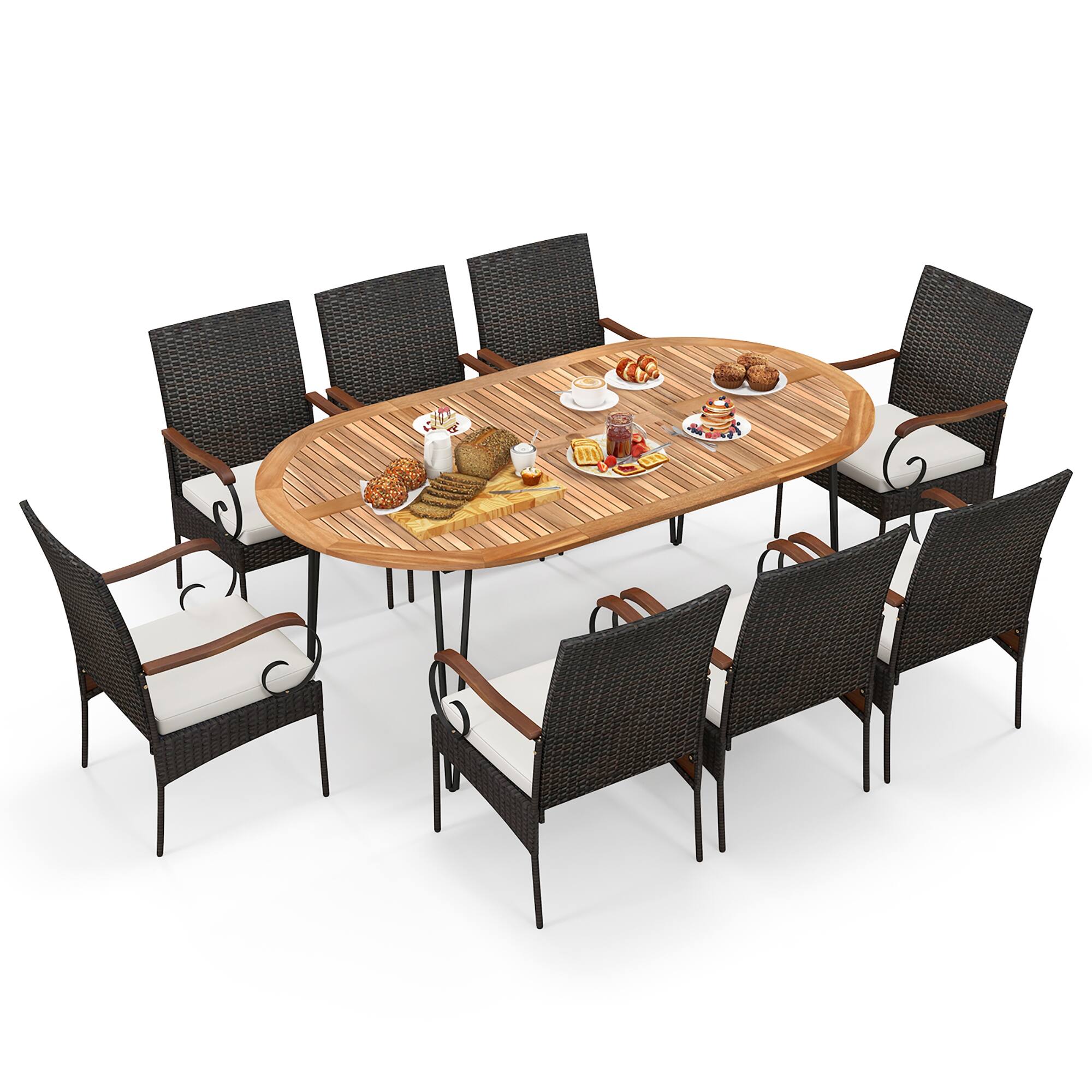 Gymax - 9 PCS Acacia Wood Table & 8 Patio Wicker Armchairs Patio Rattan Dining Set - Mix Brown, Off White price history on PriceWatchPro