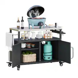 Spaco - 54.5" Outdoor Kitchen Island with Stainless Steel Tabletop,with Storage Cabinet, Spice Rack and Towel Rack - Black