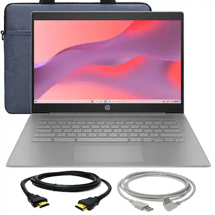 Front. HP - HP Chromebook 14" HD Laptop - 4GB Memory, 64GB eMMC with Laptop Bag and Cables - Grey.