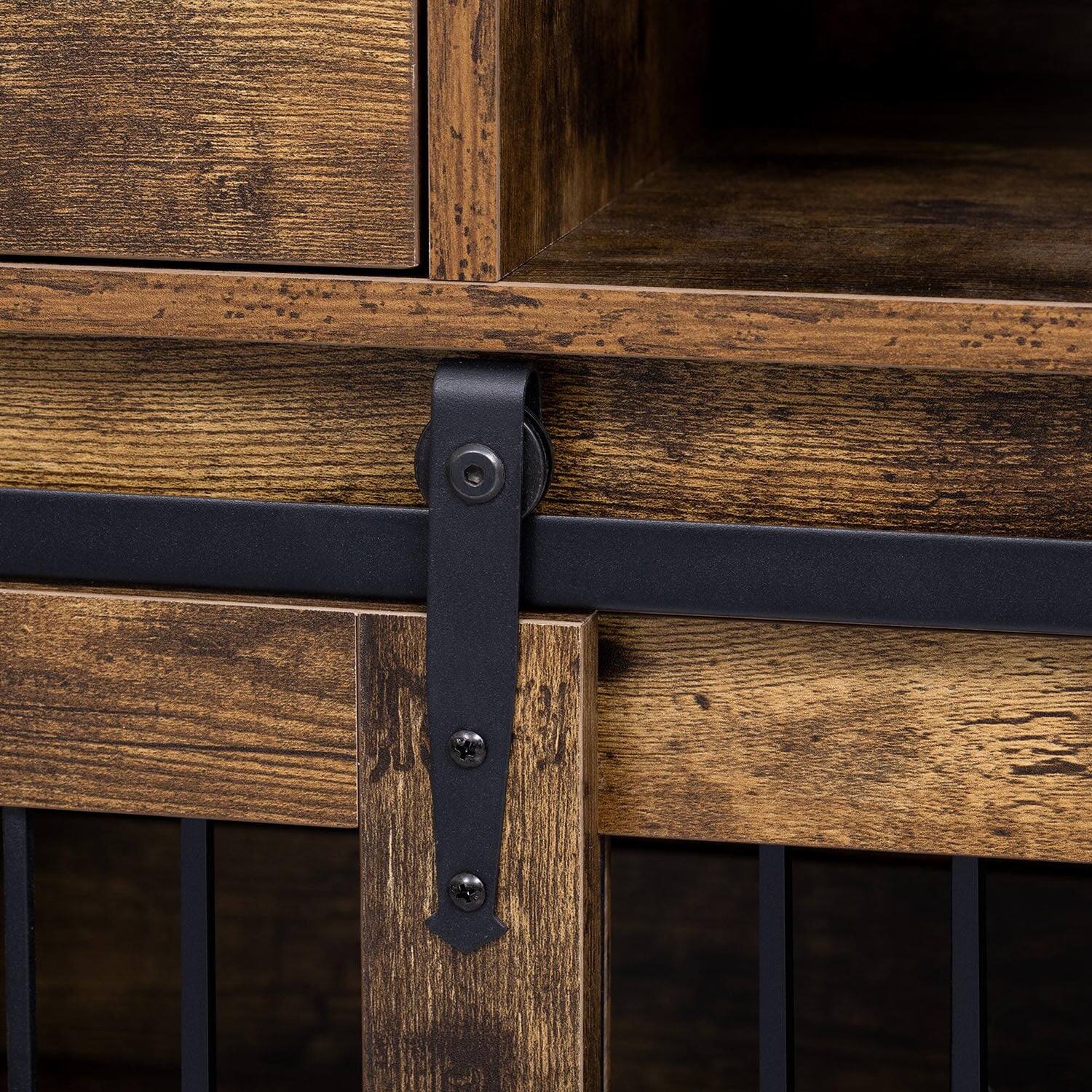 Back. Pefilos - 31" Multi-Functional Dog Crate with Storage for Kitchen, Rustic Dog Kennel with Cup Board and Drawers.