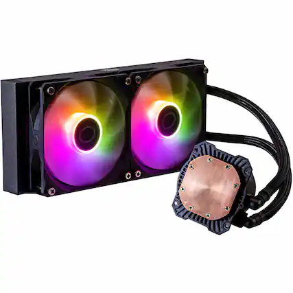 Front. Cooler Master - MasterLiquid 240L Core ARGB ARGB 12mm Radiator Cooling Fan/Radiator/Pump Liquid Cooler (2 x 12mm Core Fans) with RGB - Black.