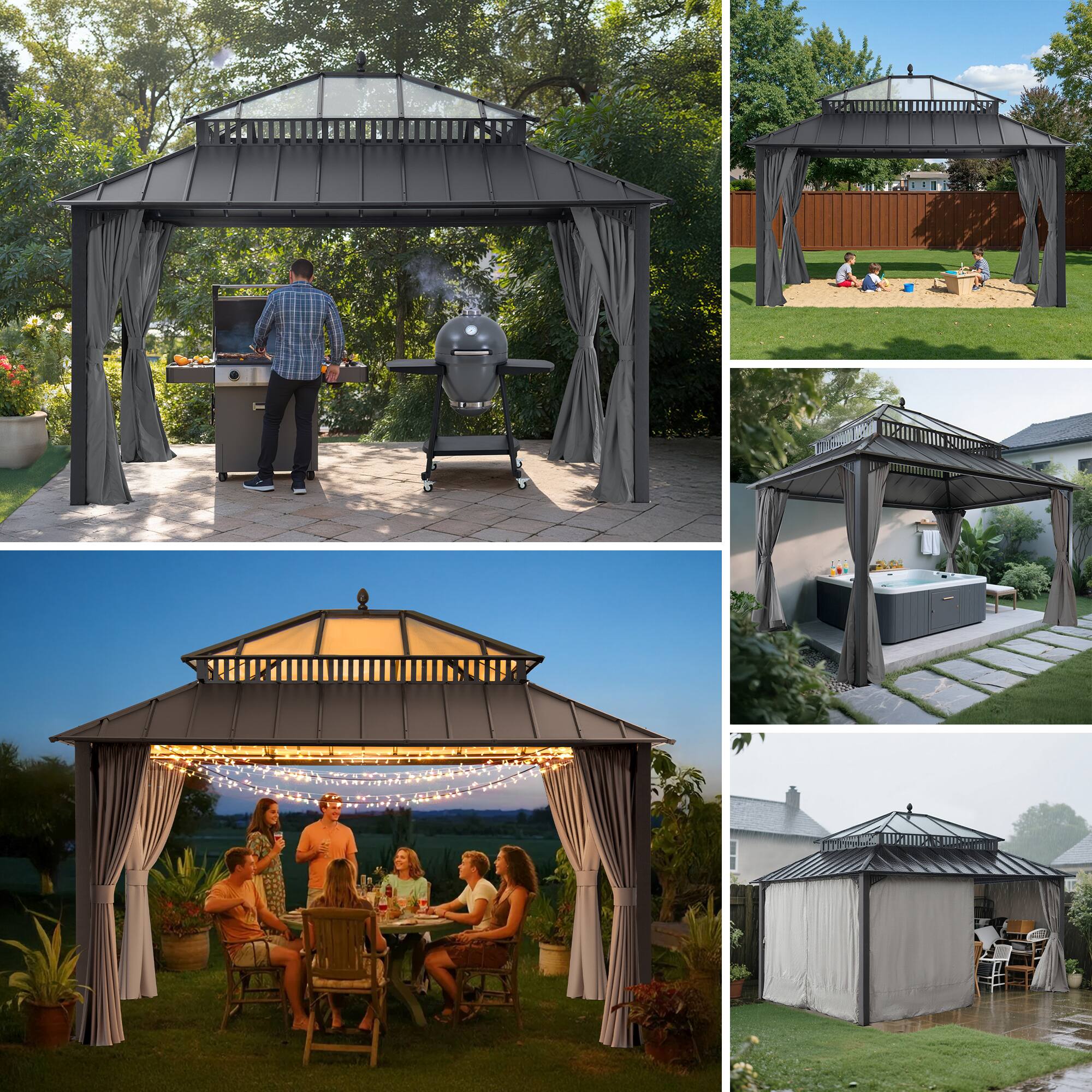 Alt View 10. SUNJOY - SUNJOY Kingston 14x12 Gazebo, Steel & PC Roof Hardtop Gazebo with Curtain and Netting - Gray Aluminum Posts.