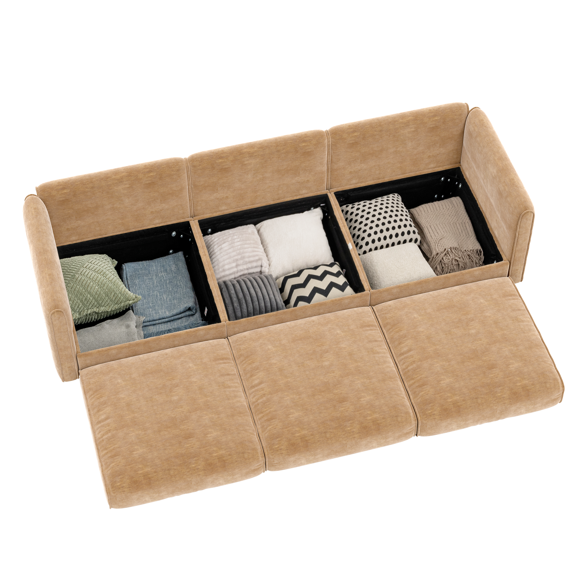 Left. Anysun - Chenille 3-Seater Sofa with Hidden Storage - Cylindrical Backrest & Armrests, Contemporary Design. - Camel.