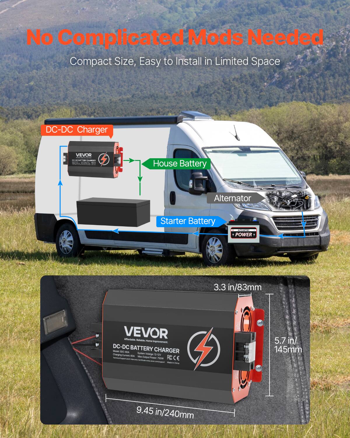 No Complicated Mods Needed  
Compact Size, Easy to Install in Limited Space

DC-DC Charger  
VEVOR 25-26-SAFFERY CHAROLI SAN  
House Battery  
Alternator  
Starter Battery  
1 POWER  
3.3 in/83mm  
VEVOR Affordable Rollable Home improvement. DC-DC BATTERY Model: 50C-60A System CHARGER Charging Current NIA Voltage 2 2-1ZV Max Output Power FC Solocal - 2015 750W CE combage Madel a This  
5.7 in/145mm  
9.45 in/240mm