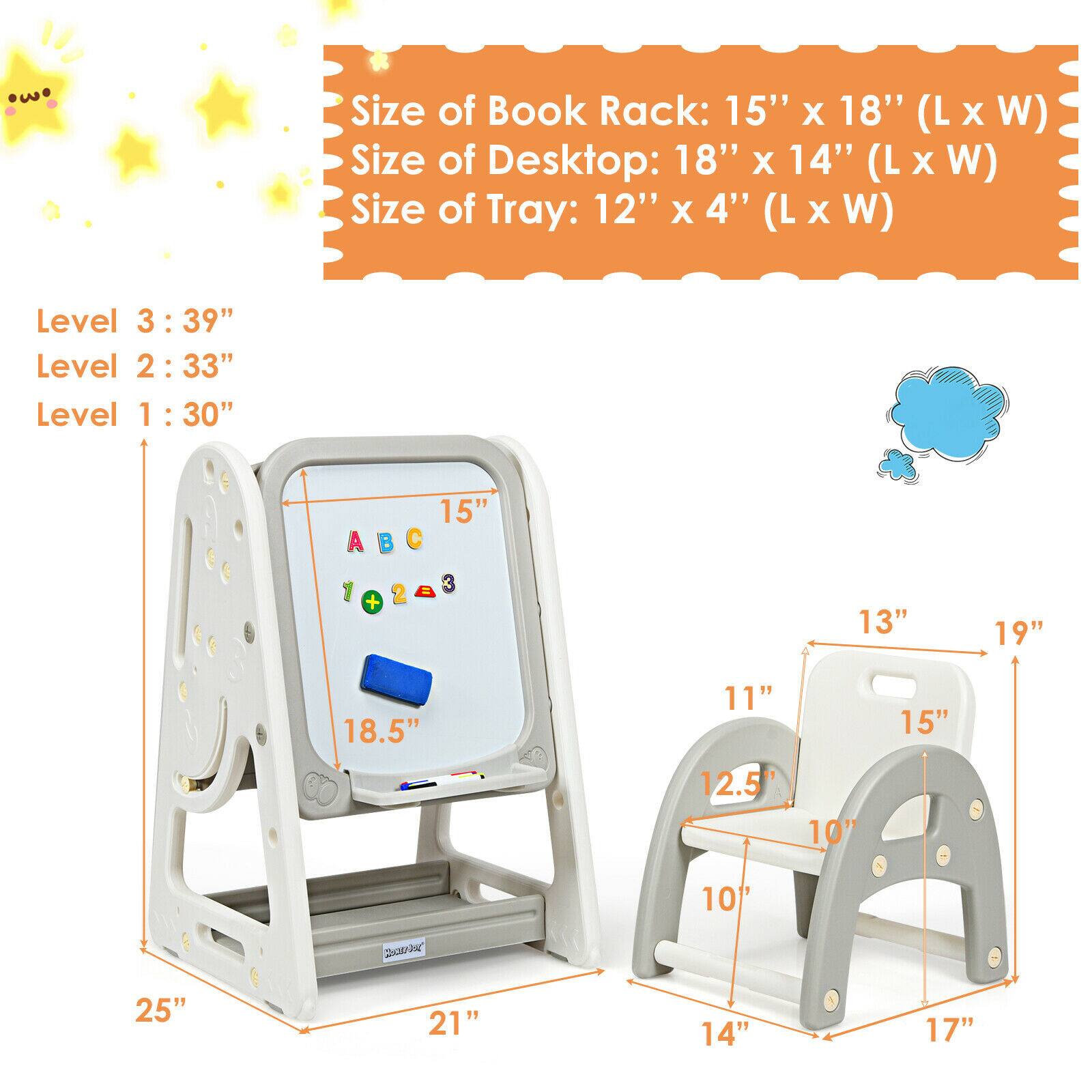 Size of Book Rack: 15" X 18" (L X W)
Size of Desktop: 18" X 14" (L X W)
Size of Tray: 12" X 4" (L X W)
Level 3: 39"
Level 2: 33"
Level 1: 30"
ABC: 15"
B C: 19"
102: 13"
101: 11"
101: 12.5"
101: 10"
101: 15"