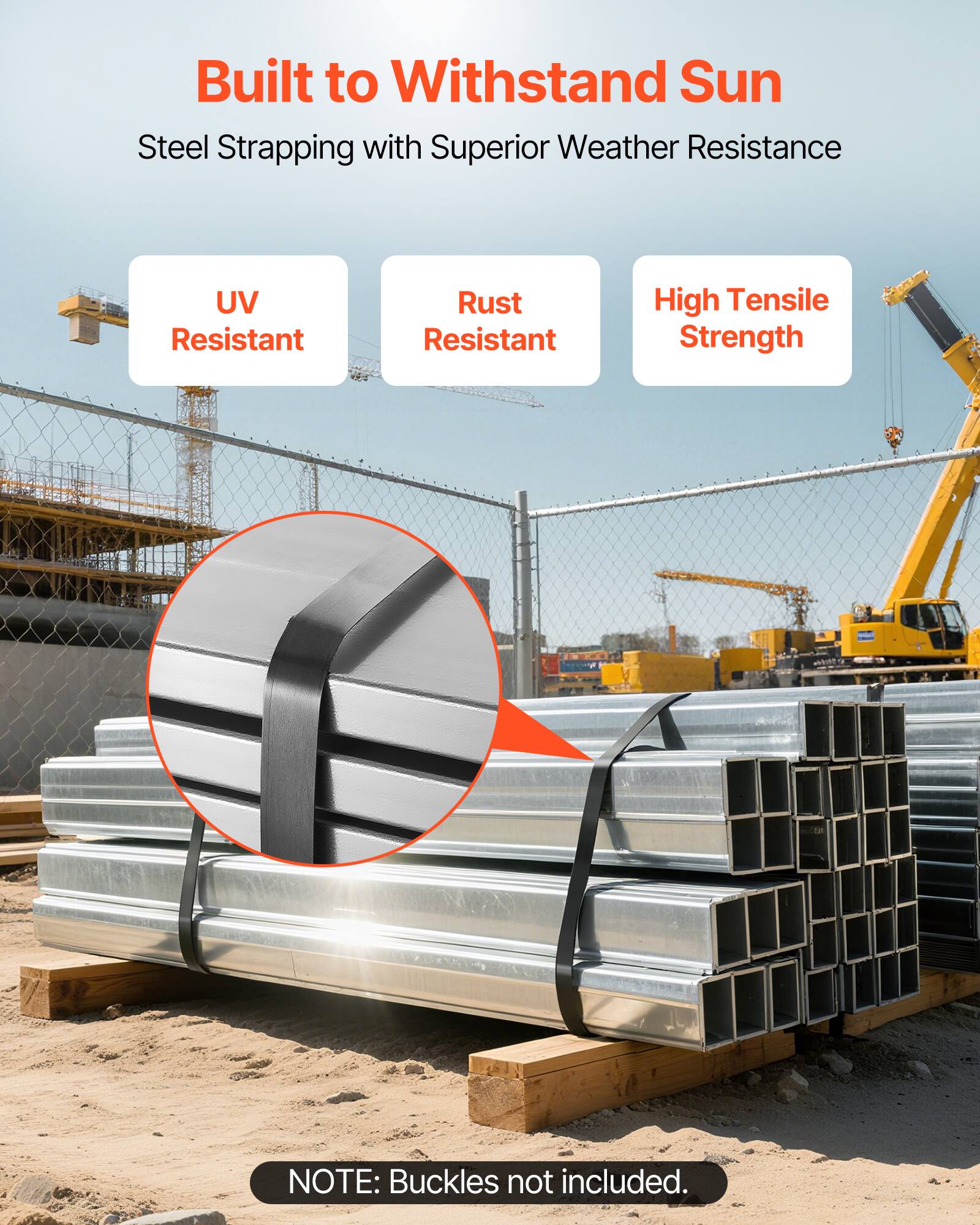 Built to Withstand Sun  
Steel Strapping with Superior Weather Resistance  
- UV Resistant  
- Rust Resistant  
- High Tensile Strength  

NOTE: Buckles not included.