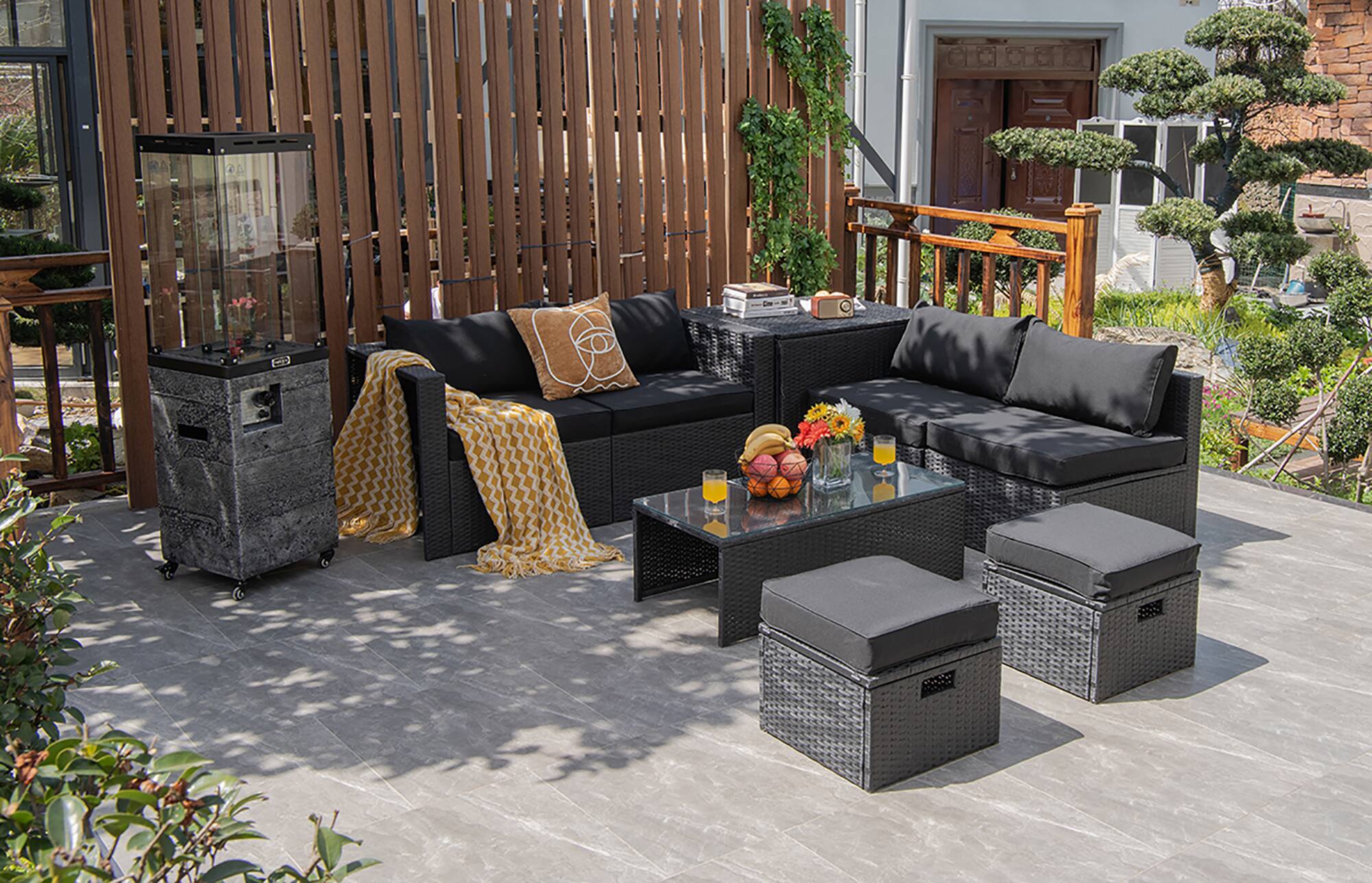 Alt View 1. Costway - Costway 8PCS Patio Rattan Furniture Set Storage Table Ottoman cover - Black.