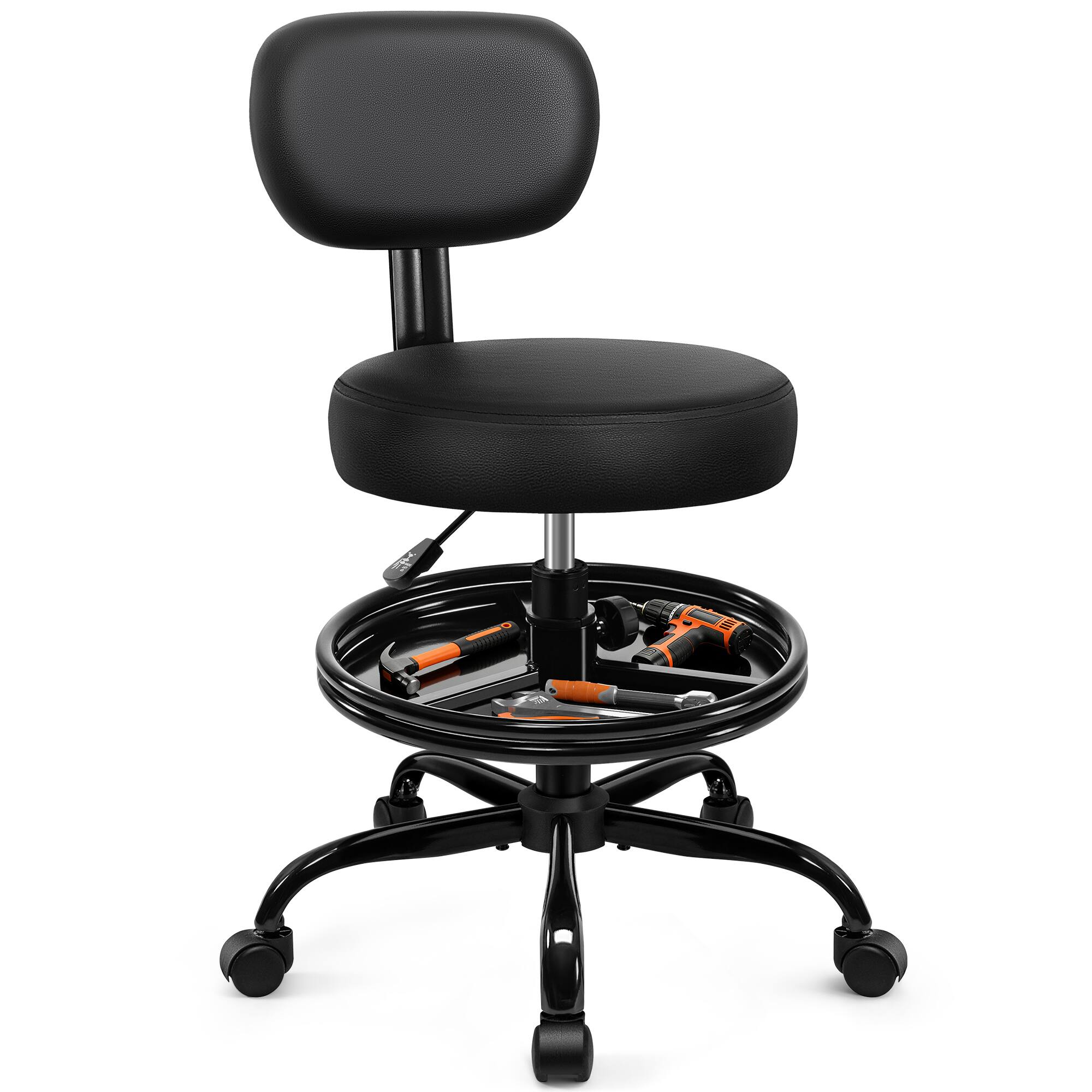 Angle. Brick Attic - Mechanics Rolling Chair with Footrest and Storage Tray, Adjustable Height Task Chair, Heavy Duty Garage Stool - Black.