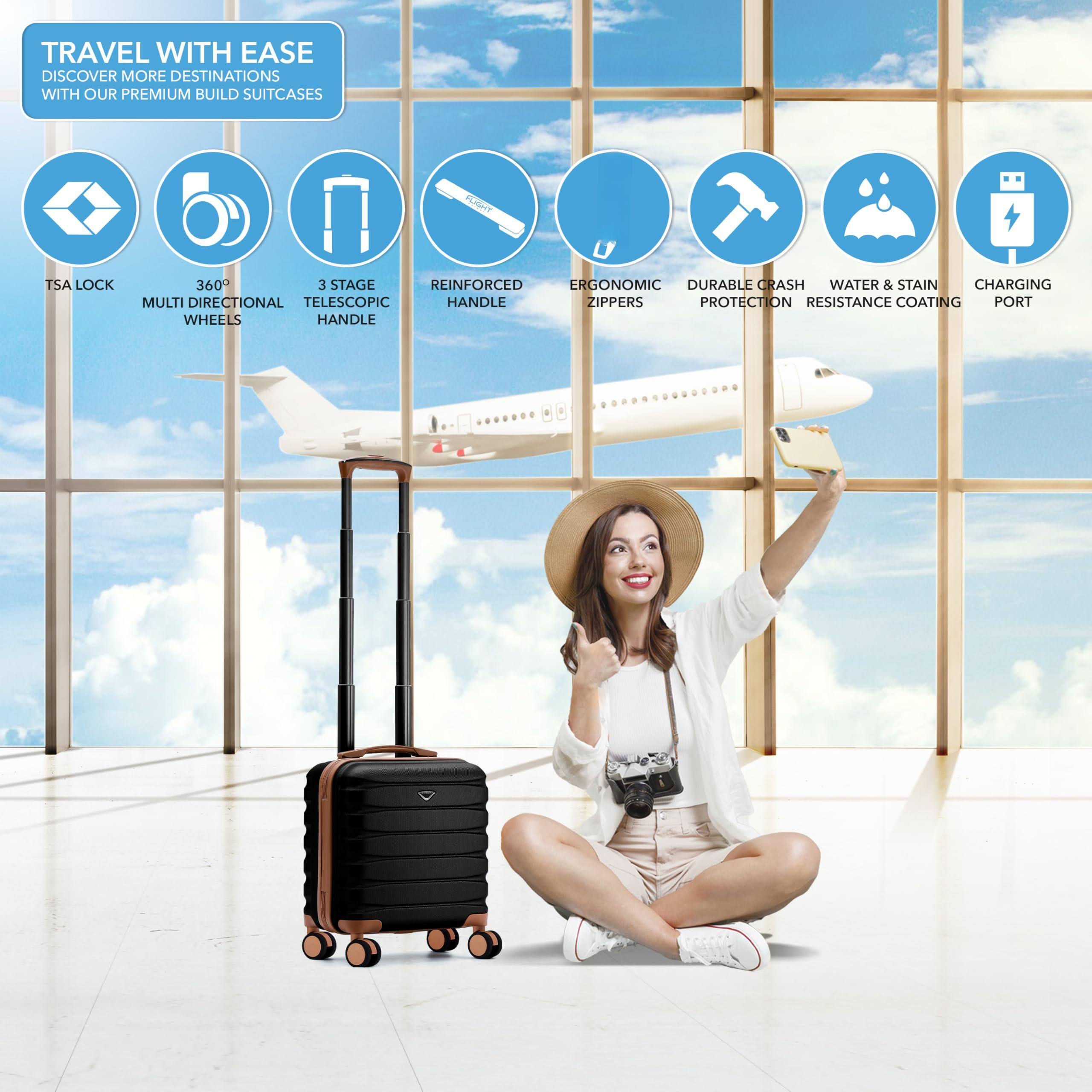 TRAVEL WITH EASE  
DISCOVER MORE DESTINATIONS WITH OUR PREMIUM BUILD SUITCASES  

- TSA LOCK  
- 360° MULTI DIRECTIONAL WHEELS  
- 3 STAGE TELESCOPIC HANDLE  
- REINFORCED HANDLE  
- ERGONOMIC ZIPPERS  
- DURABLE CRASH PROTECTION  
- WATER & STAIN RESISTANCE COATING  
- CHARGING PORT