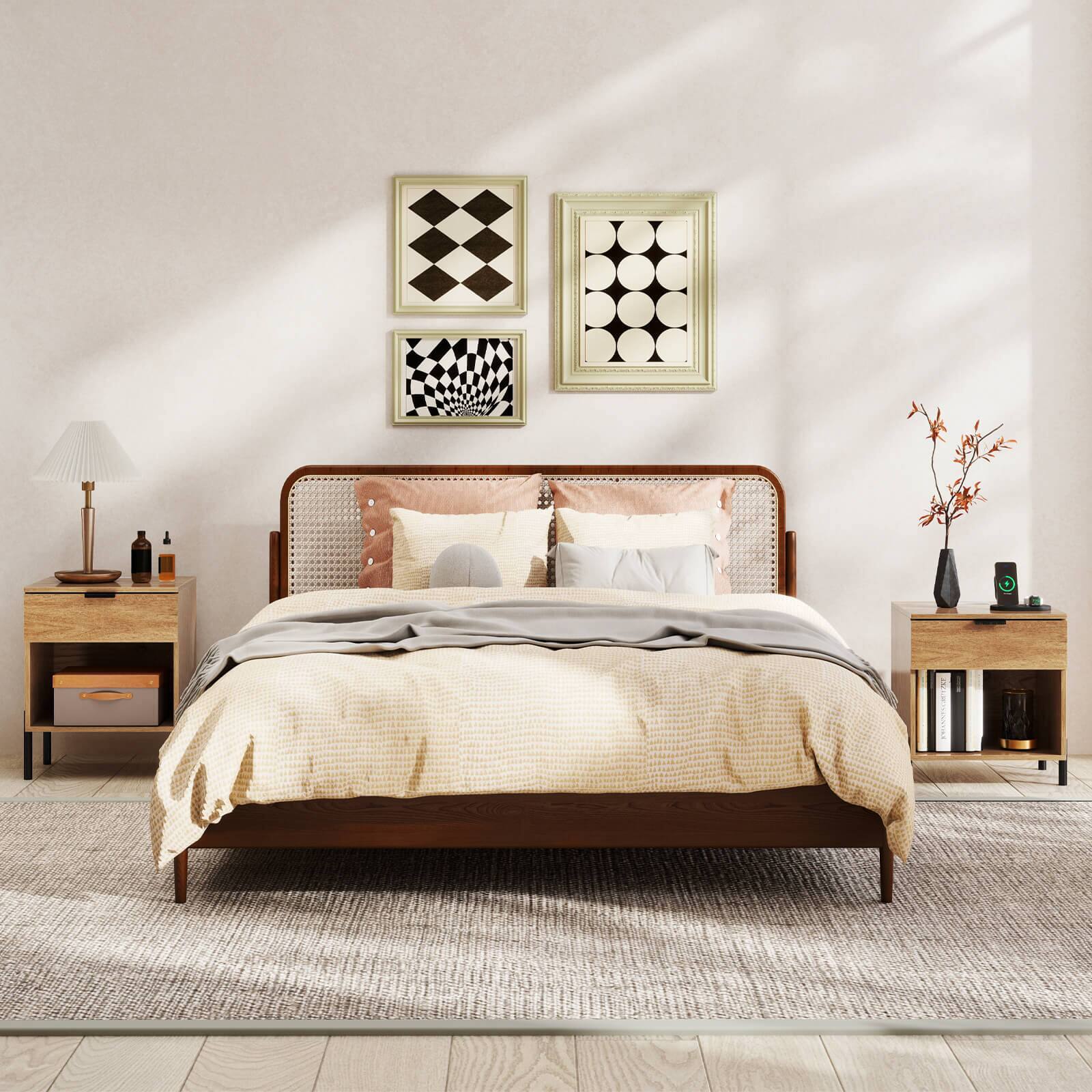 Alt View 3. Costway - Costway 2PCS Nightstand with Charging Station Drawer Compartment Modern Side End Table - Natural.