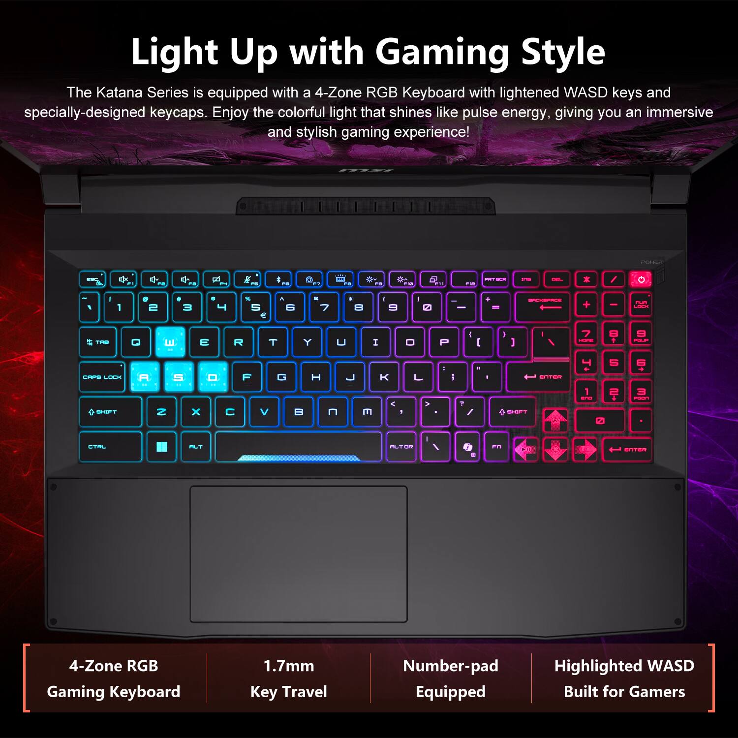 Light Up with Gaming Style

The Katana Series is equipped with a 4-Zone RGB Keyboard with lightened WASD keys and specially-designed keycaps. Enjoy the colorful light that shines like pulse energy, giving you an immersive and stylish gaming experience!

- 4-Zone RGB Gaming Keyboard
- 1.7mm Key Travel
- Number-pad Equipped
- Highlighted WASD
- Built for Gamers