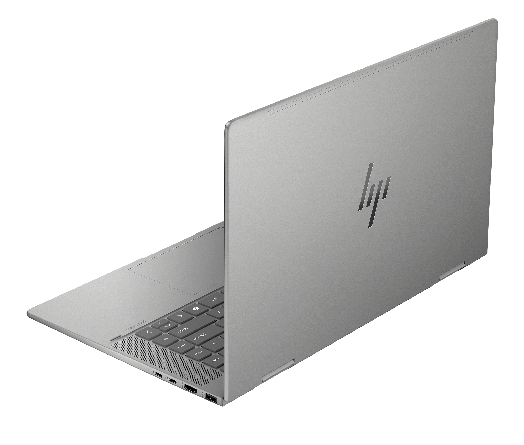 The text on the image is:

"HP"

There is no other visible text on the laptop in the image.